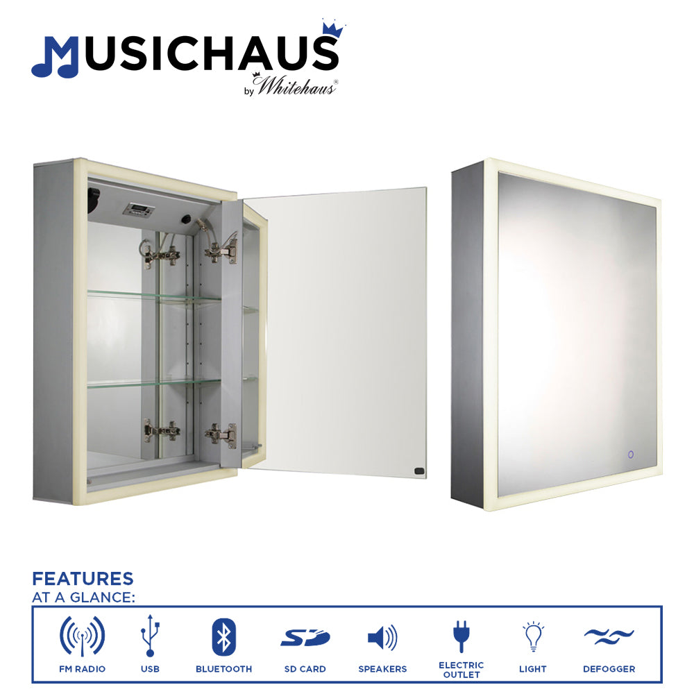 Musical Mirror Medicine Cabinet with USB, SD Card, Bluetooth, FM Radio, Speakers & Defogger – Perfect for Bathroom, Gym, or Salon Use