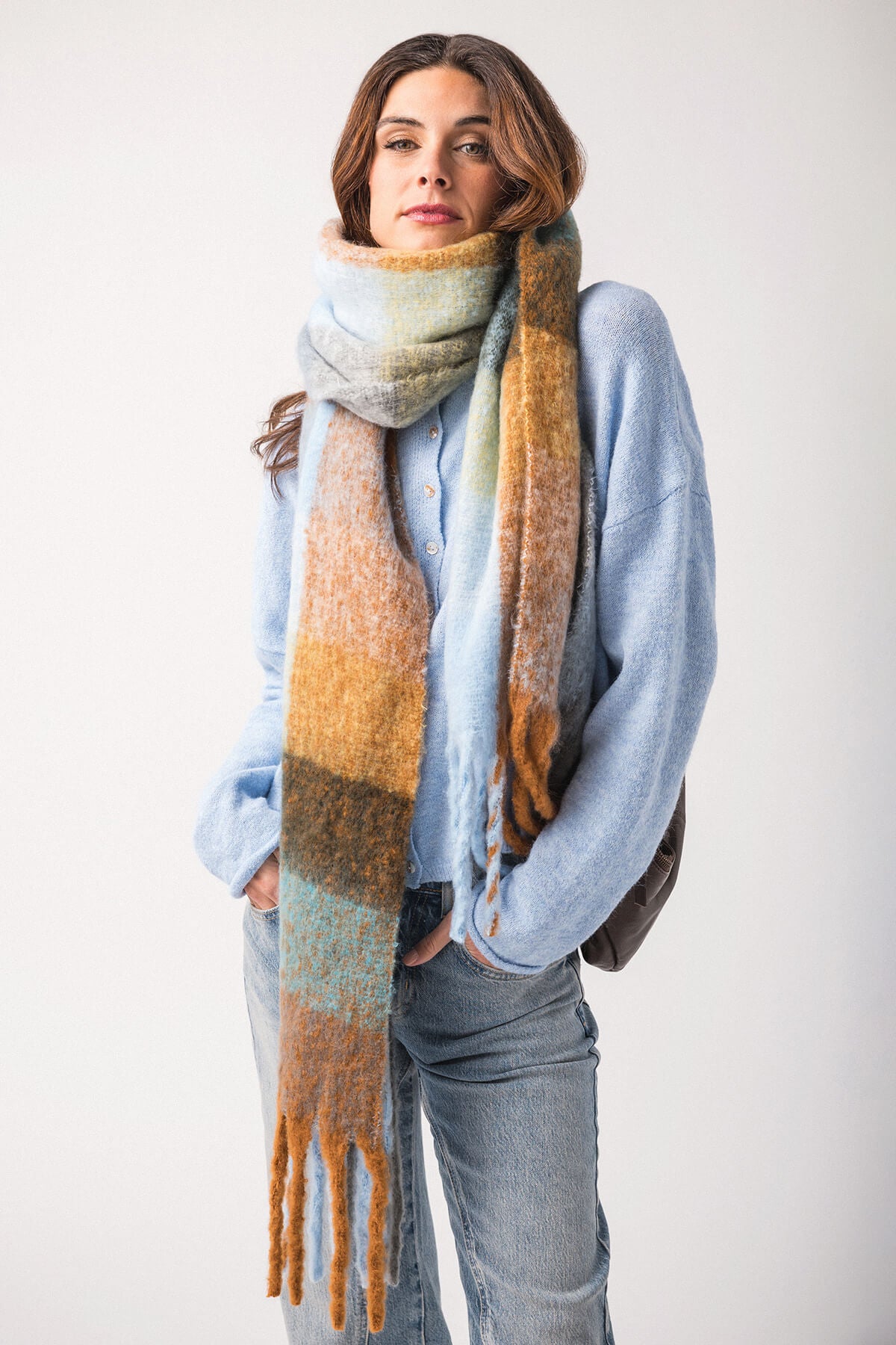 Chunky Checkered Tassel Tie Scarf for Women - Soft Winter Shawl Wrap - Fashionable Plaid Blanket Scarf for Fall, Winter Outfits and Cold Weather Accessories