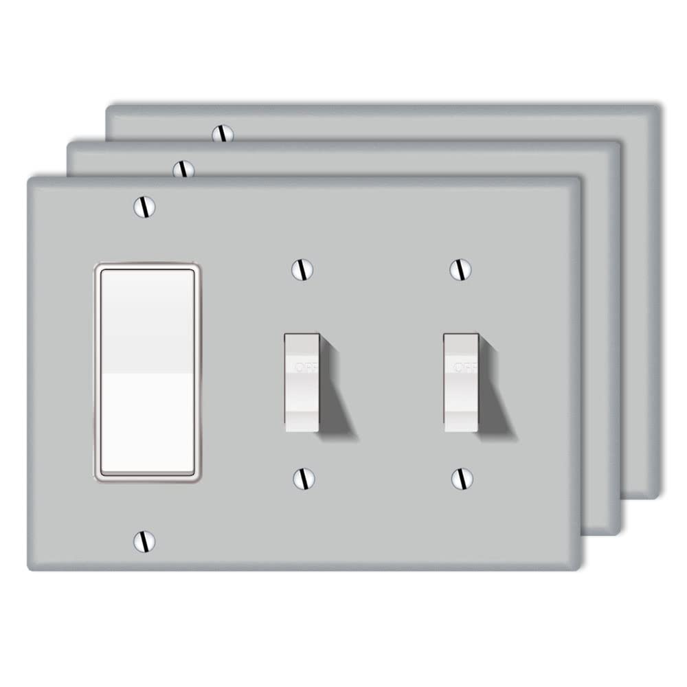 WIRESTER 3-Gang Light Switch Plate Cover - 1 Decorator & 2 Toggle Switch Wall Plate Set in Solid Light Gray (3-Pack) - Perfect for Living Room, Bedroom, and Office Electrical Outlet Covers