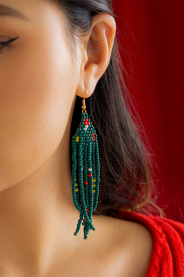 Bohemian Lightweight Christmas Tree Tassel Beaded Earrings for Women - Handmade Holiday Party Jewelry Gift for Christmas, New Year & Festive Occasions