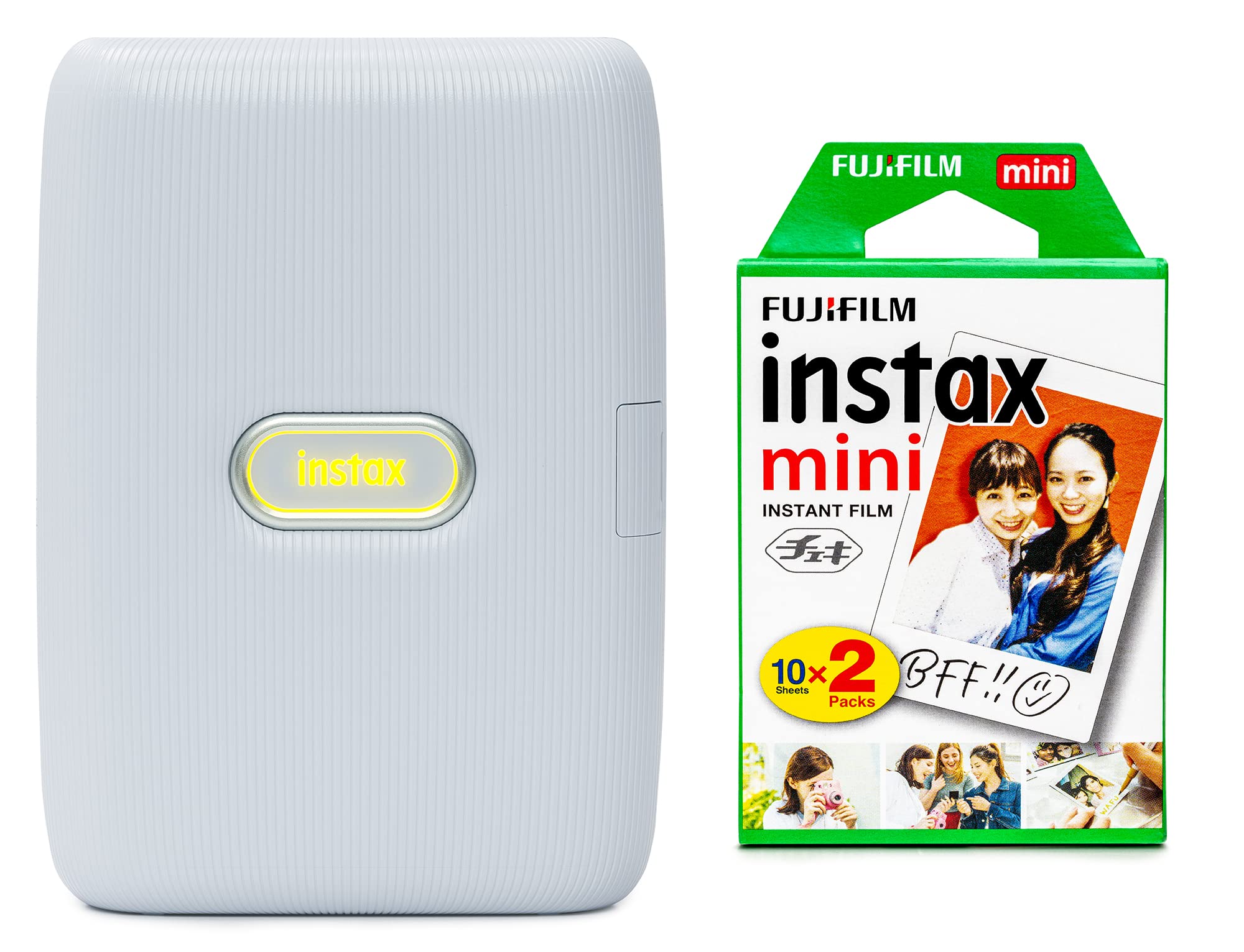 Fujifilm Instax Mini Link Smartphone Printer & Mini Instant Film Bundle (20 Sheets) - Ash White with Tiger Stickers & Cleaning Cloth | Portable Photo Printing for Parties, Travel & DIY Scrapbooking