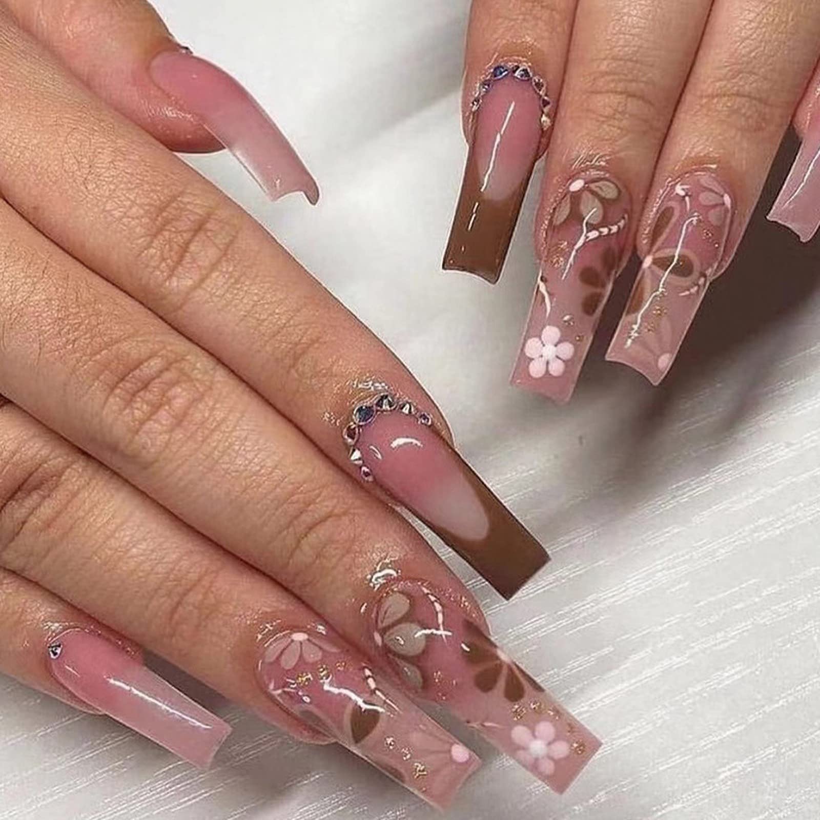 24pcs MISUD Long Press on Nails - Coffin Fake Nails with Rhinestone & Glitter, Acrylic Glossy Glue on Bling Artificial False Nails - Red Brown French Tip Flower Designs for Parties, Weddings & Special Occasions
