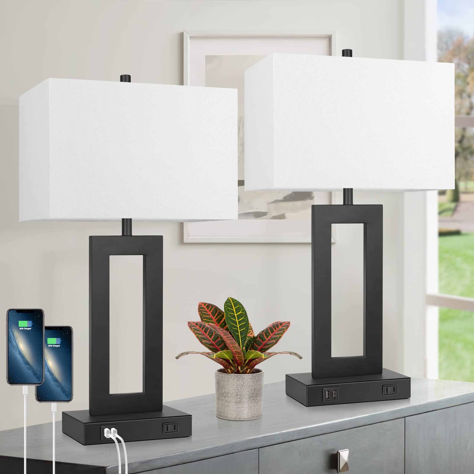 Set of 2 Modern Touch Control Table Lamps with 2 USB Ports - 22’’ Large Bedside Nightstand Lamps, 3-Way Dimmable Desk Lamp with White Fabric Shade - Perfect for Bedrooms, Living Rooms & Reading - Includes 2 LED Bulbs - Ideal for Home Office, Dorm Room & Nighttime Reading