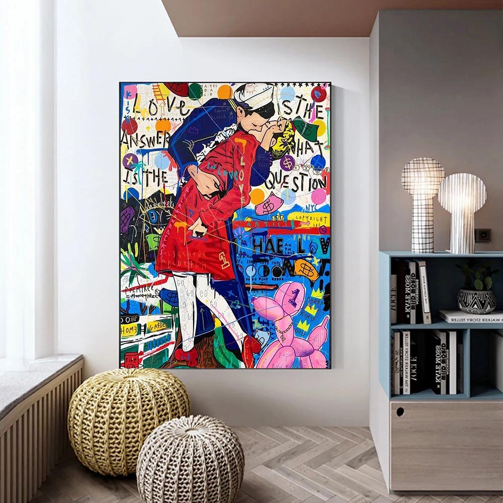 Banksy Abstract Graffiti Couple Kissing Canvas Wall Art Print - Modern Street Art Home Decor for Living Room, Bedroom & Office