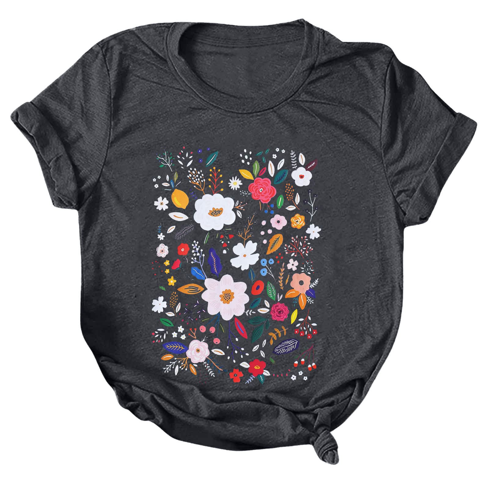 Women's White Spandex T-Shirt with Floral Print - Breathable Summer Blouse, Round Neck Flowy Top for Casual Wear, Gym & Outdoor Activities