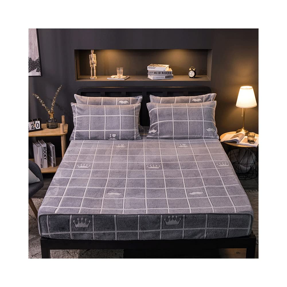 Premium MZP Velvet Fitted Sheet Set - Twin/Full/Queen/King Size with Deep Pockets & Flannel Bottom - Ultra Soft Plush Shaggy Bed Sheets (1 Pack, Coral Fleece, Grid Pattern, 180x220+30cm) - Perfect for Cozy Winter Nights & Luxury Bedroom Decor
