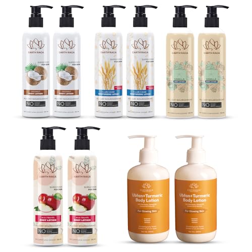 Earthraga Skin-Friendly Body Lotion Gift Set - 10 Bottles (2 Each of Ubtan & Turmeric, Vanilla, Mixed Fruits, Club Cane & Coconut) | Moisturizing & Nourishing for Dry Skin | Perfect for Daily Use, Gifts & Spa Days