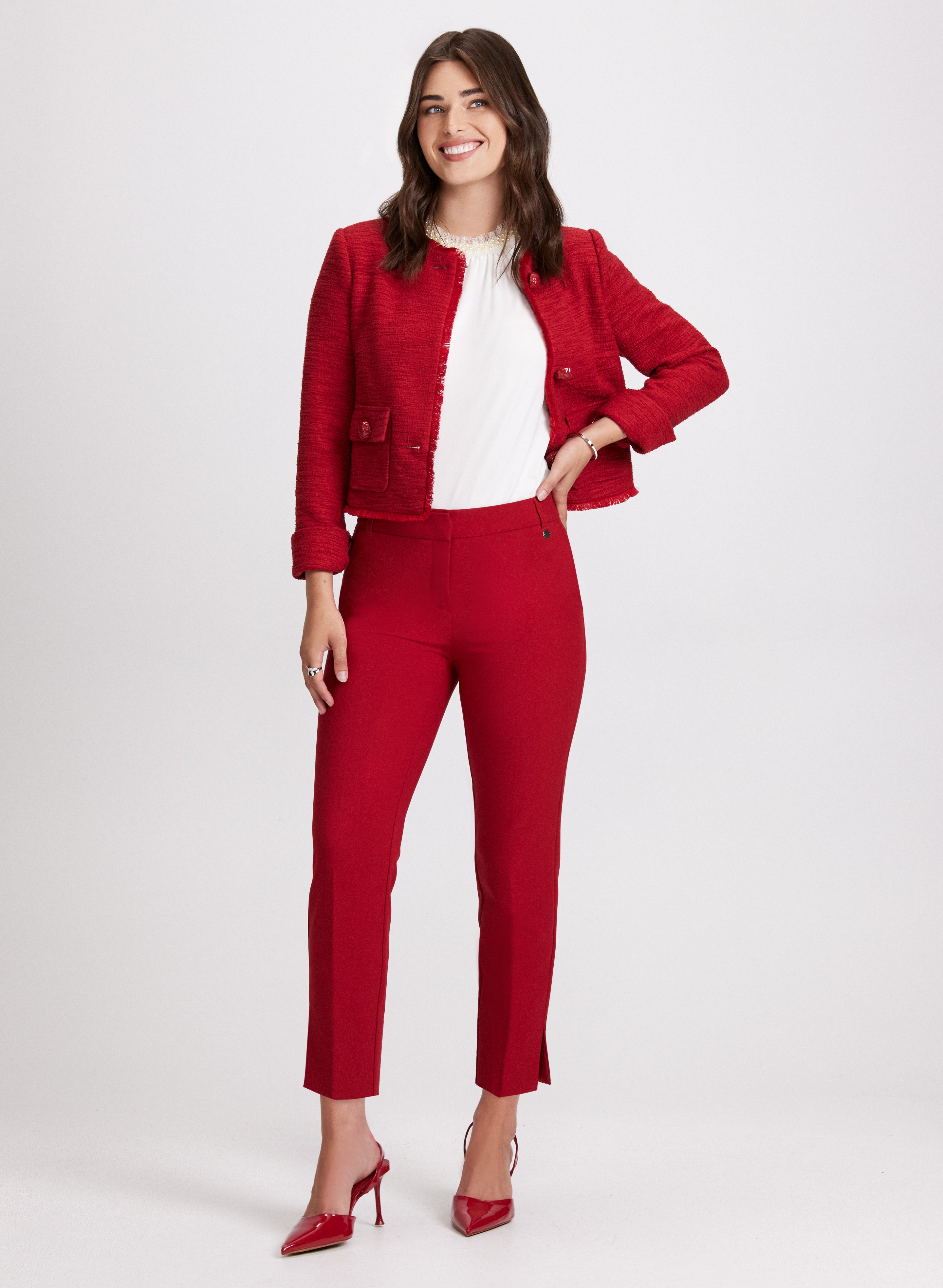 Bouclé Knit Jacket & High Slit Hem Pants Set - Women's Elegant Office Wear & Casual Outfit for Fall & Winter Fashion