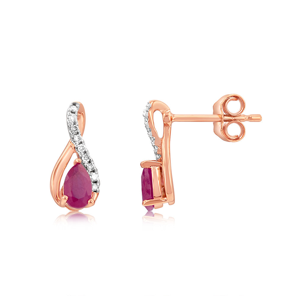 9ct Rose Gold Diamond & Lab-Created Pear Ruby Stud Earrings – Elegant Gift for Women, Perfect for Weddings, Parties & Special Occasions