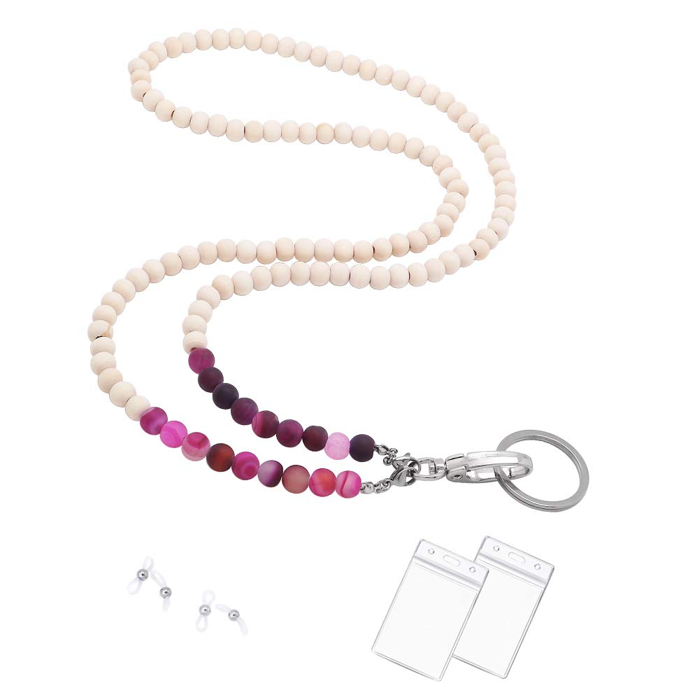 Wooden Beaded Lanyard for ID Badges & Keys - Natural Stone Necklace for Women - Office & Event Use