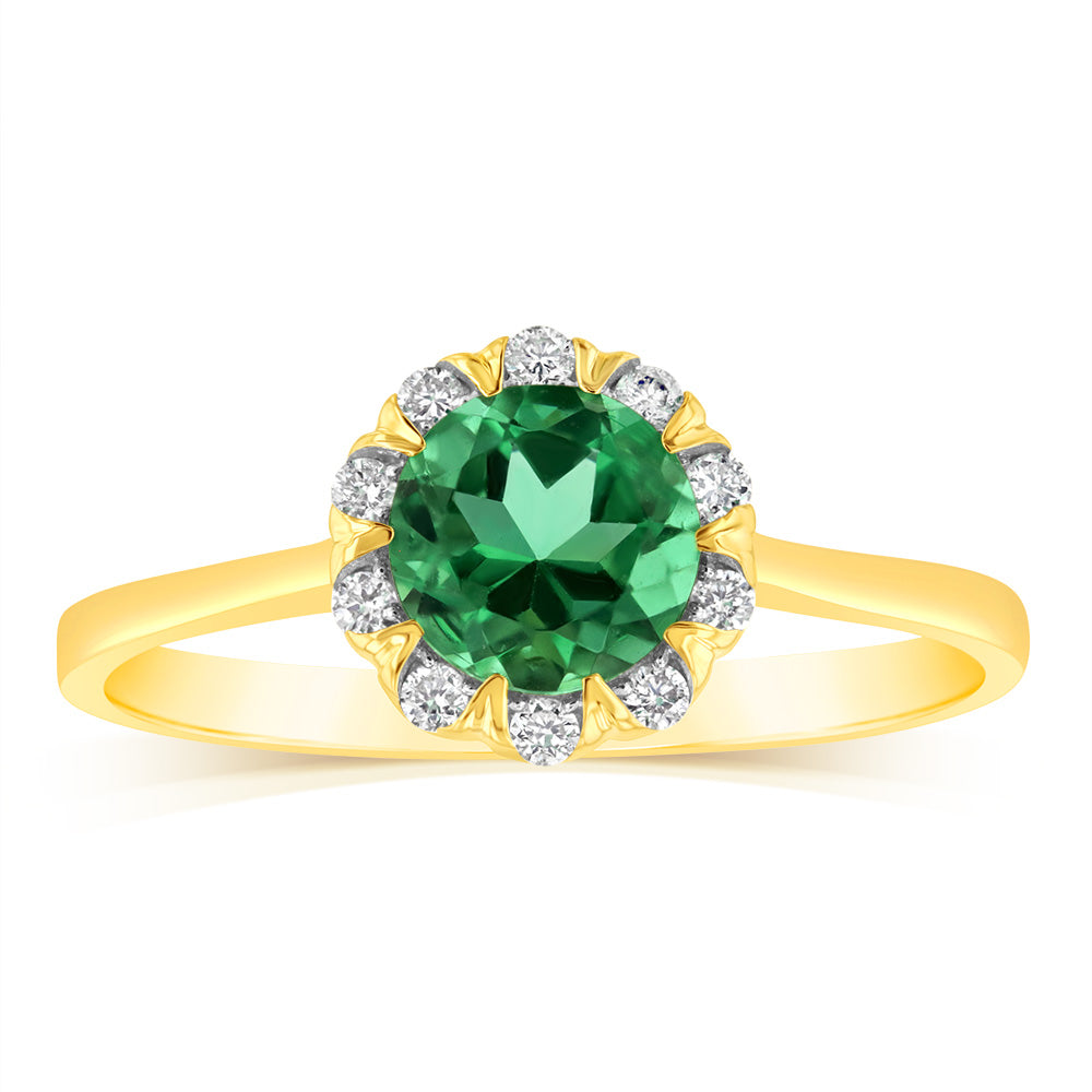 0.87 Carat Lab-Created Emerald & Diamond Ring in 9K Yellow Gold - Elegant Engagement, Anniversary Gift for Women
