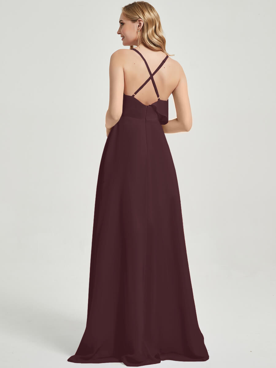 Elegant Cabernet Red Criss Cross Straps Ruffles Slit Chiffon Maxi Bridesmaid Dress - Perfect for Weddings, Formal Events & Special Occasions