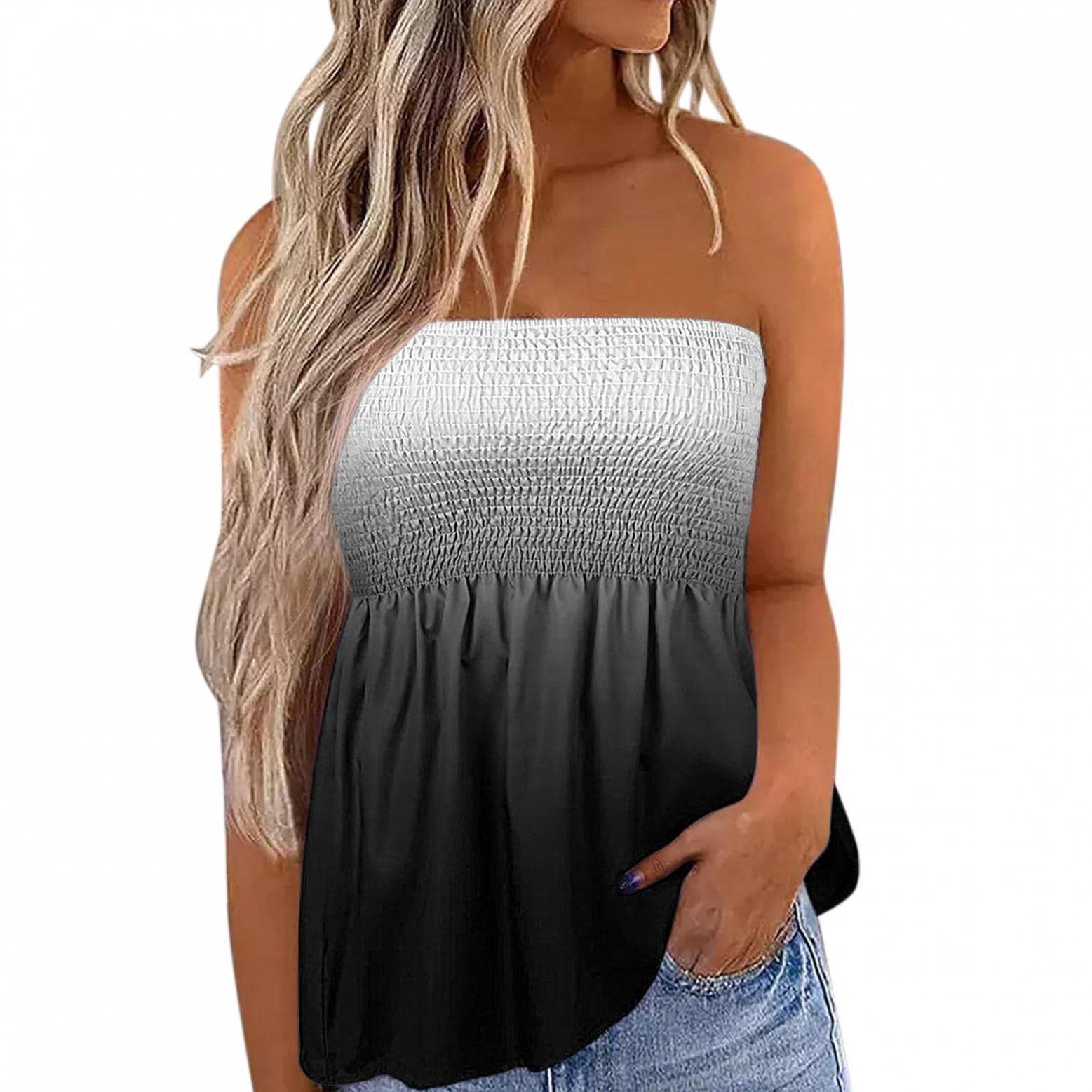 Women's Strapless Tube Tops - Ombre Bandeau Tank Tops for Summer | Sexy Sleeveless Cami Shirts & Pleated Blouses | Perfect for Beach, Music Festivals & Night Out