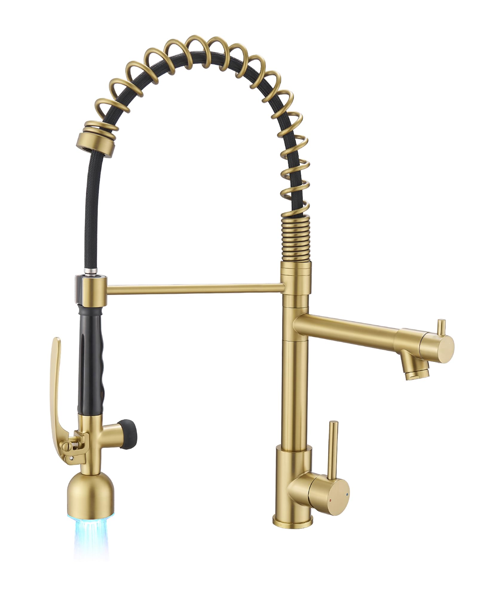 Fapully Single Handle High Arc Brushed Gold Pull Down Kitchen Faucet with LED, Modern Kitchen Sink Faucet with Pull Down Sprayer for Home and Commercial Use