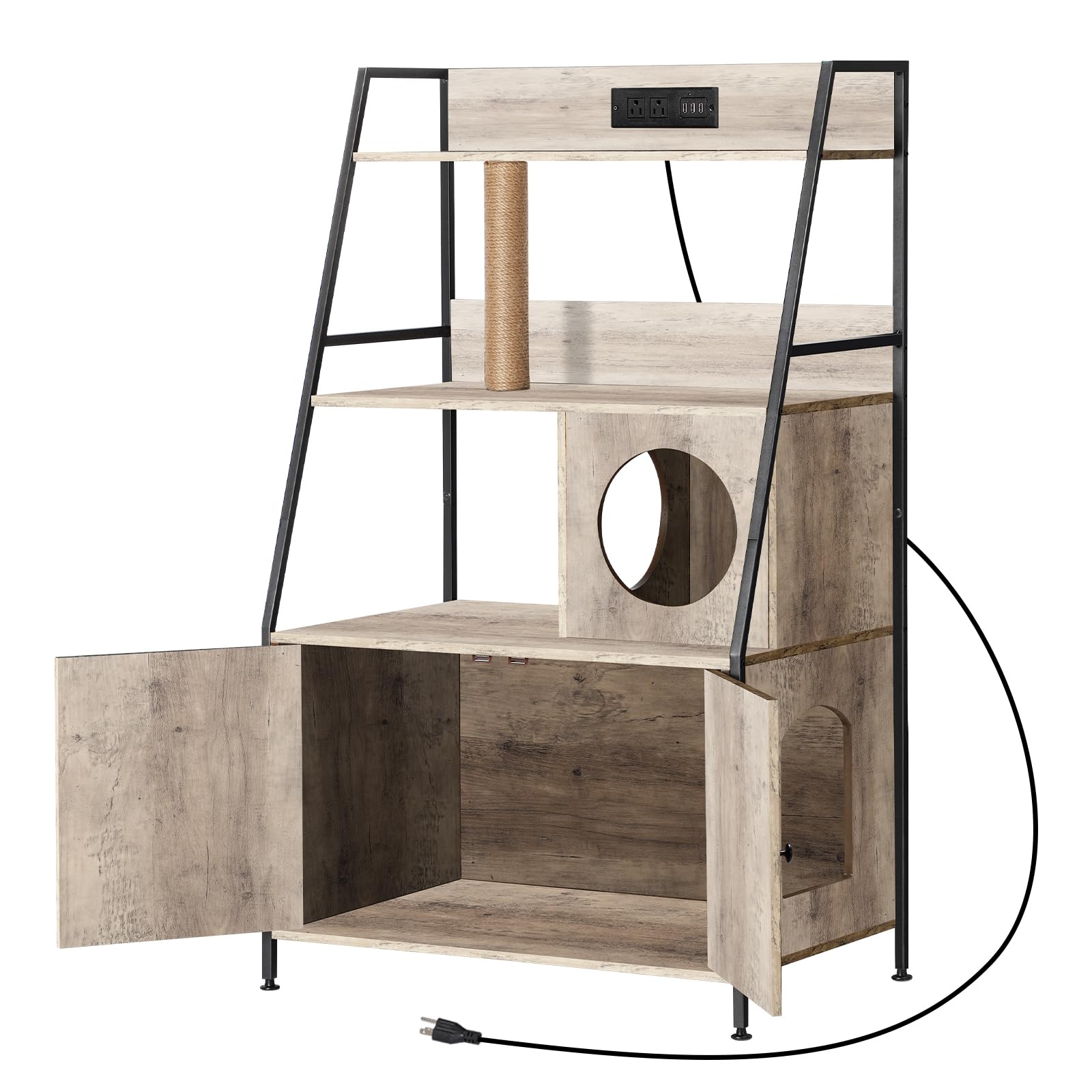 Melos Cat Litter Box Enclosure with 2 Storage Shelves & Charging Station - Hidden Cat Washroom Furniture with Cat Tower - Oak End Table for Living Room - Perfect for Small Spaces & Multi-Cat Homes