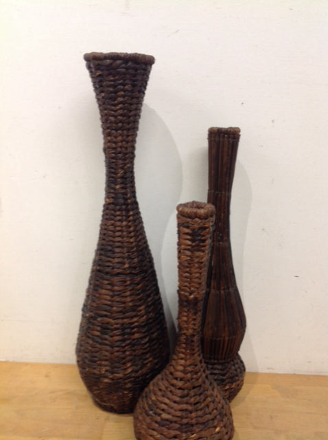 3-Piece Brown Wicker Vases Set - Handwoven Natural Rattan Home Decor for Living Room, Bedroom, or Wedding Centerpieces