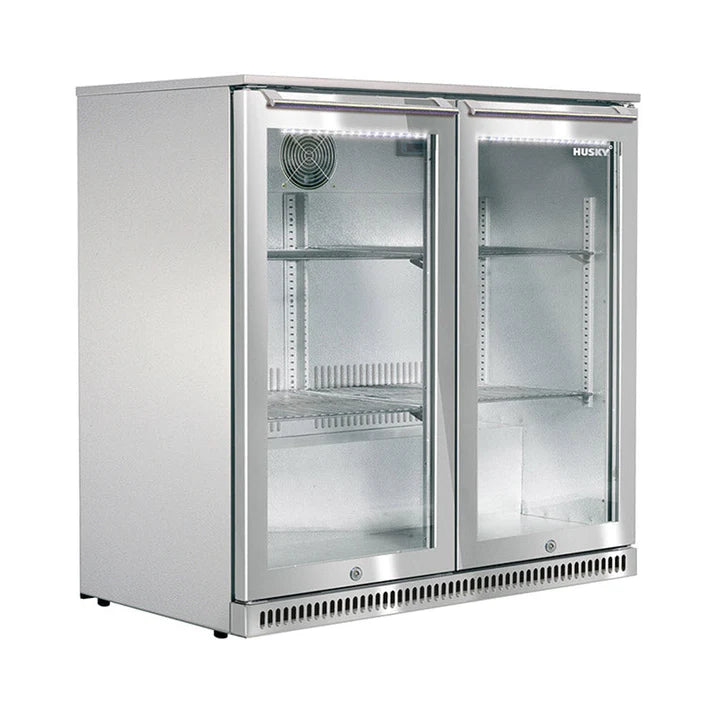 Stainless Steel Husky 190L Anti-Condensation Glass Door Commercial Beverage Cooler - Outdoor/Indoor Use for Restaurants, Bars, and Alfresco Dining