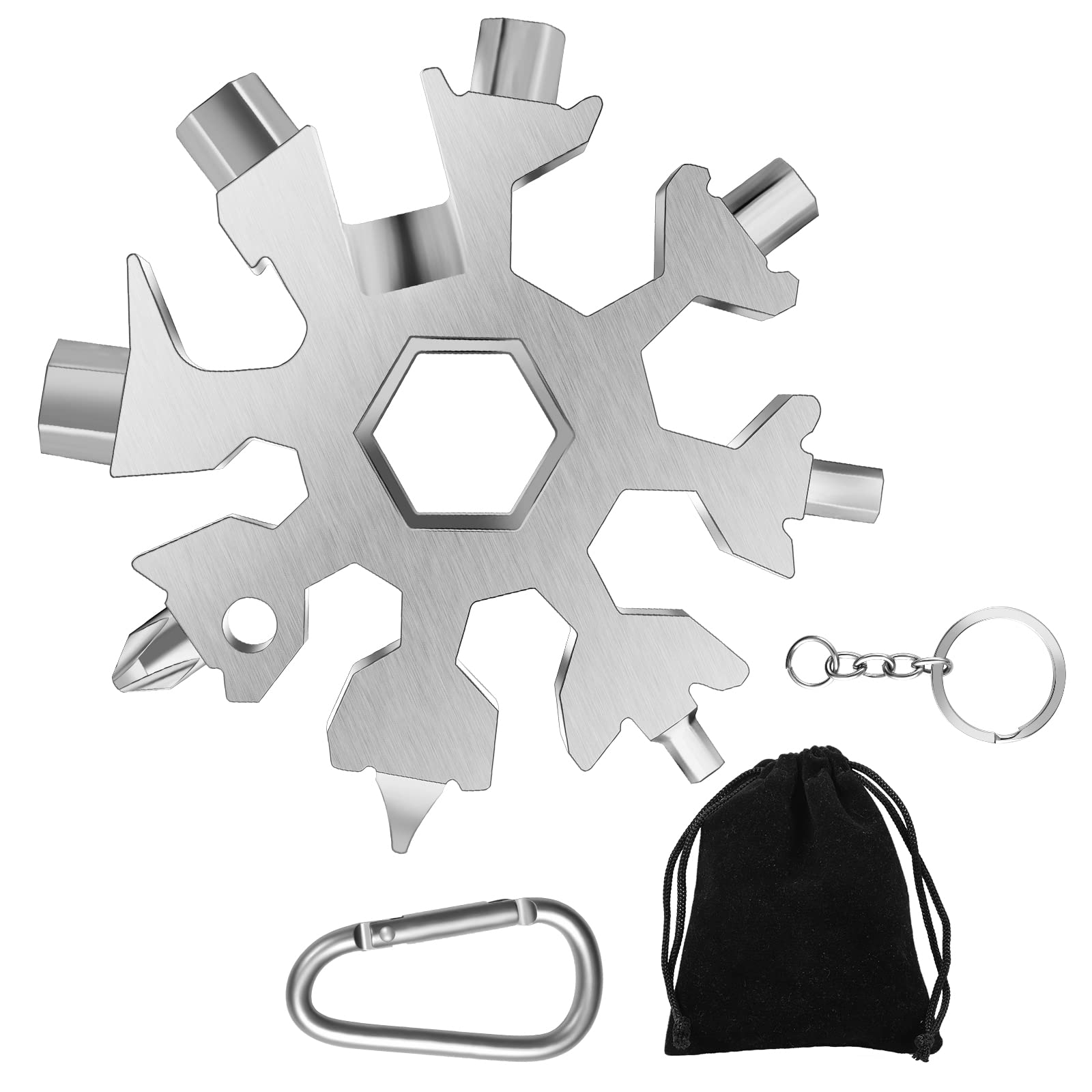 18-in-1 Stainless Steel Snowflake Multi-Tool with Storage Bag - Compact Survival Tool for Camping, Hiking, Emergency & Outdoor Adventures (Silver)