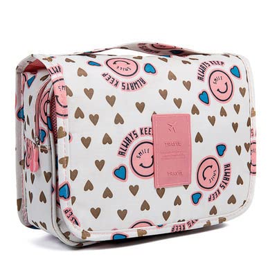 Waterproof Hanging Makeup Bag Travel Organizer for Cosmetics, Toiletries & Accessories - Pink Smiley Design - Perfect for Travel, Gym & Daily Use