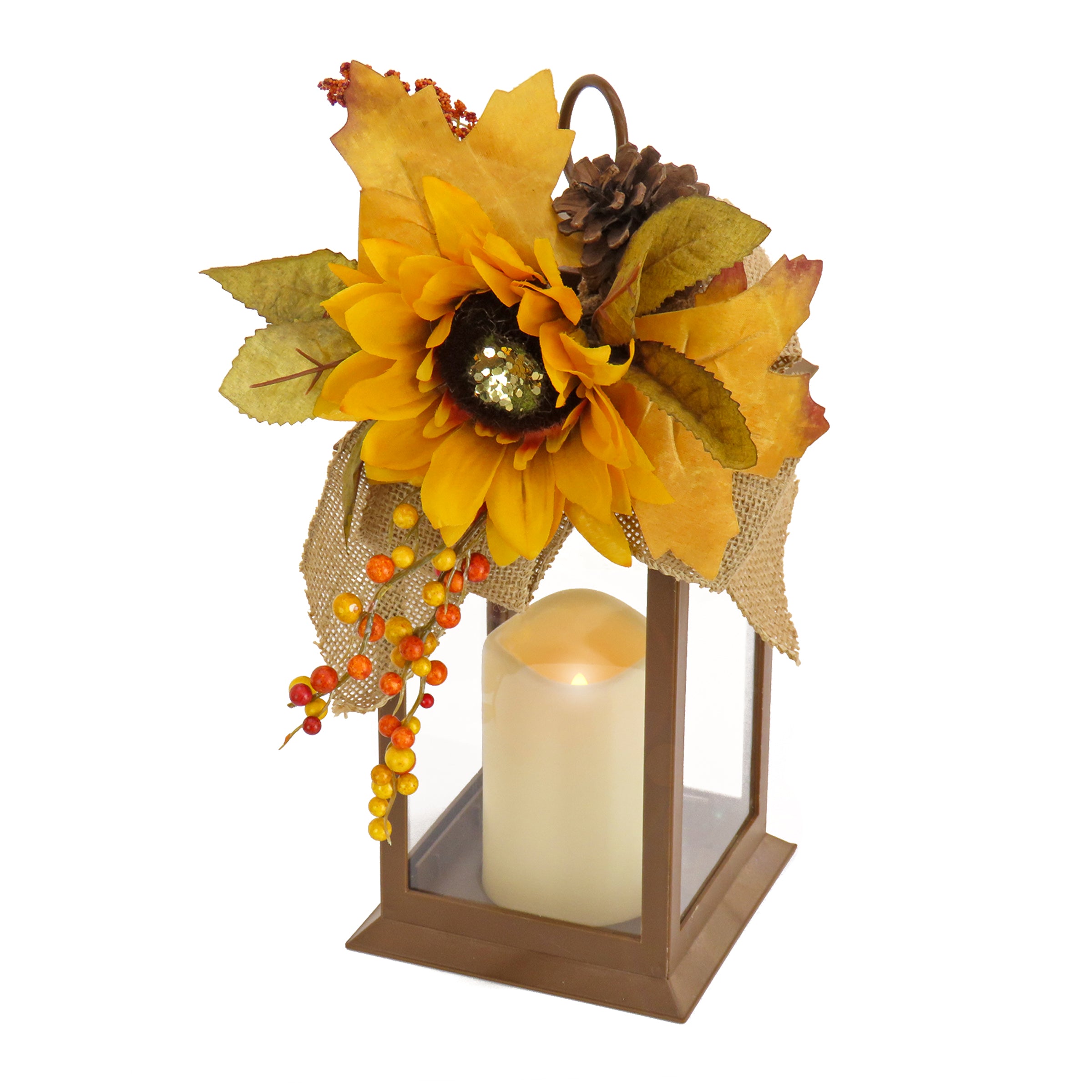 14 Inch Fall Lantern Decor with Sunflower, Mixed Leaves, Pinecone & Bow - Perfect for Thanksgiving, Autumn Home Decor, Porch, and Farmhouse Style