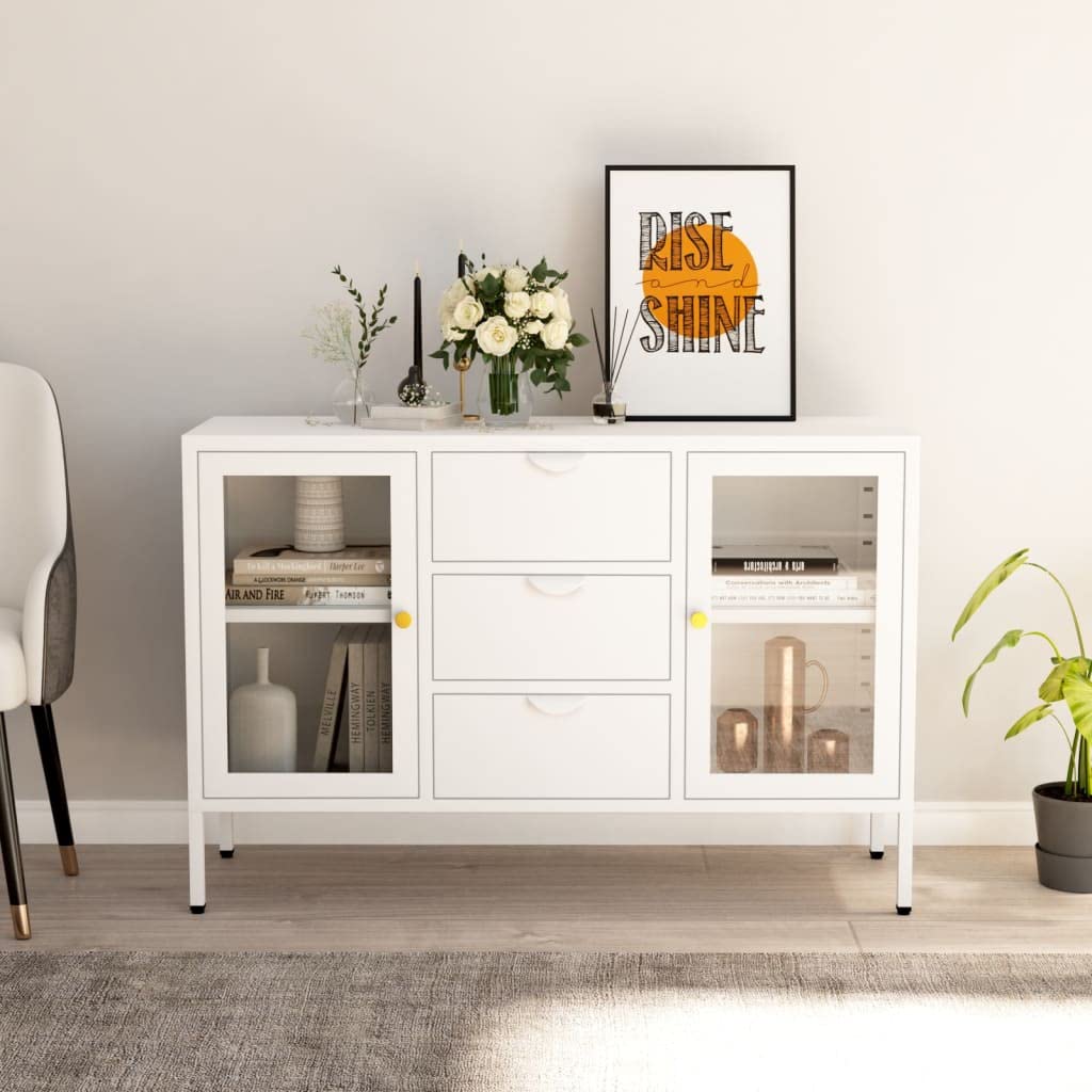 Sywamol White Sideboard with Steel Frame & Tempered Glass - 41.3