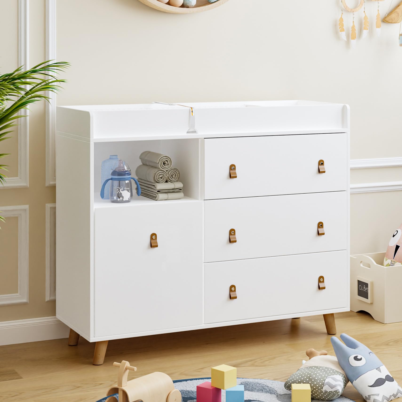 White Baby Changing Table Dresser with Storage Drawers - Nursery Dresser Chest for Infants & Toddlers - Perfect for Diaper Changes, Baby Clothes Organization & Nursery Storage