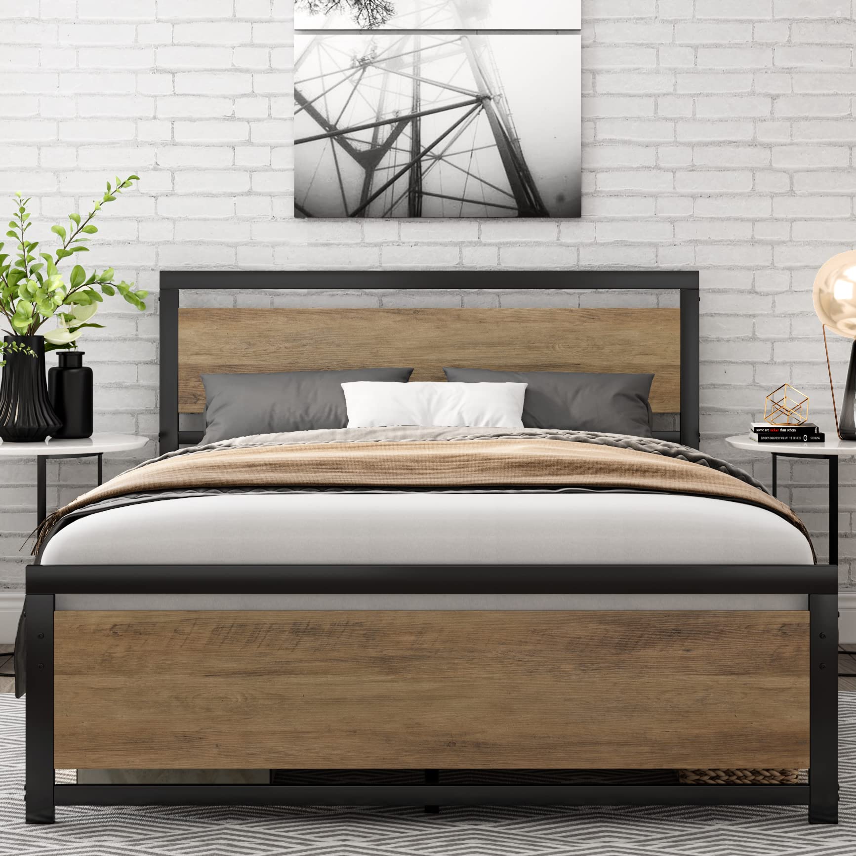 Solid Wood Full Bed Frame with Heavy-Duty Metal Slats - Rustic Brown Platform Bed with Underbed Storage Space | Noise-Free Design, No Box Spring Required | Perfect for Guest Rooms, Dormitories & Small Bedrooms