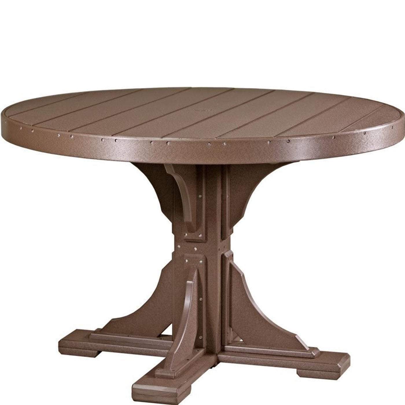 LuxCraft Chestnut Brown Recycled Plastic 4-Foot Round Outdoor Table with Built-in Cup Holder - Perfect for Patio, Garden, and Backyard Gatherings