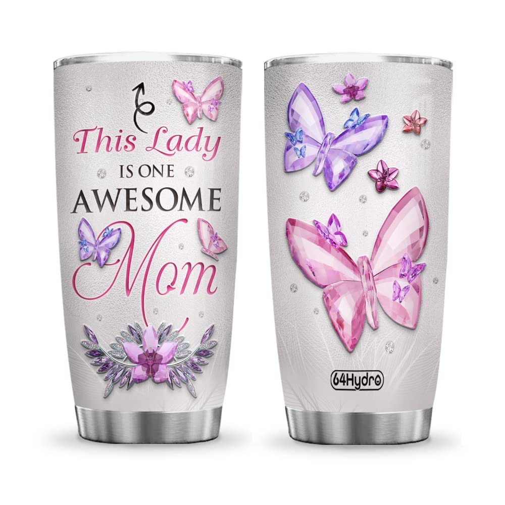 64HYDRO 20oz Butterfly Crystal Tumbler Cup with Lid - Double Wall Vacuum Insulated Travel Coffee Mug, Unique Inspirational Birthday Gift for Women, Mom, Friend - Perfect for Office, Gym & Outdoor Adventures