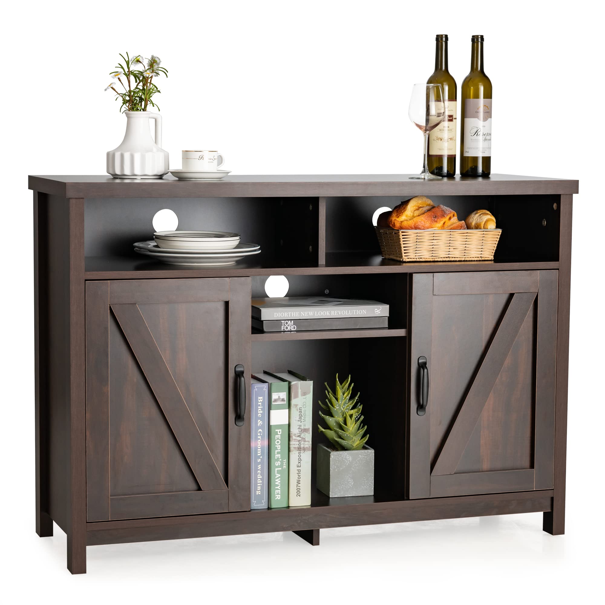 LOKO Farmhouse Buffet Cabinet with Storage - 45 x 16 x 31.5 Inches Kitchen Sideboard with Removable Wine Rack & Adjustable Shelves - Solid Wood Credenza for Dining Room, Living Room or Office Organization