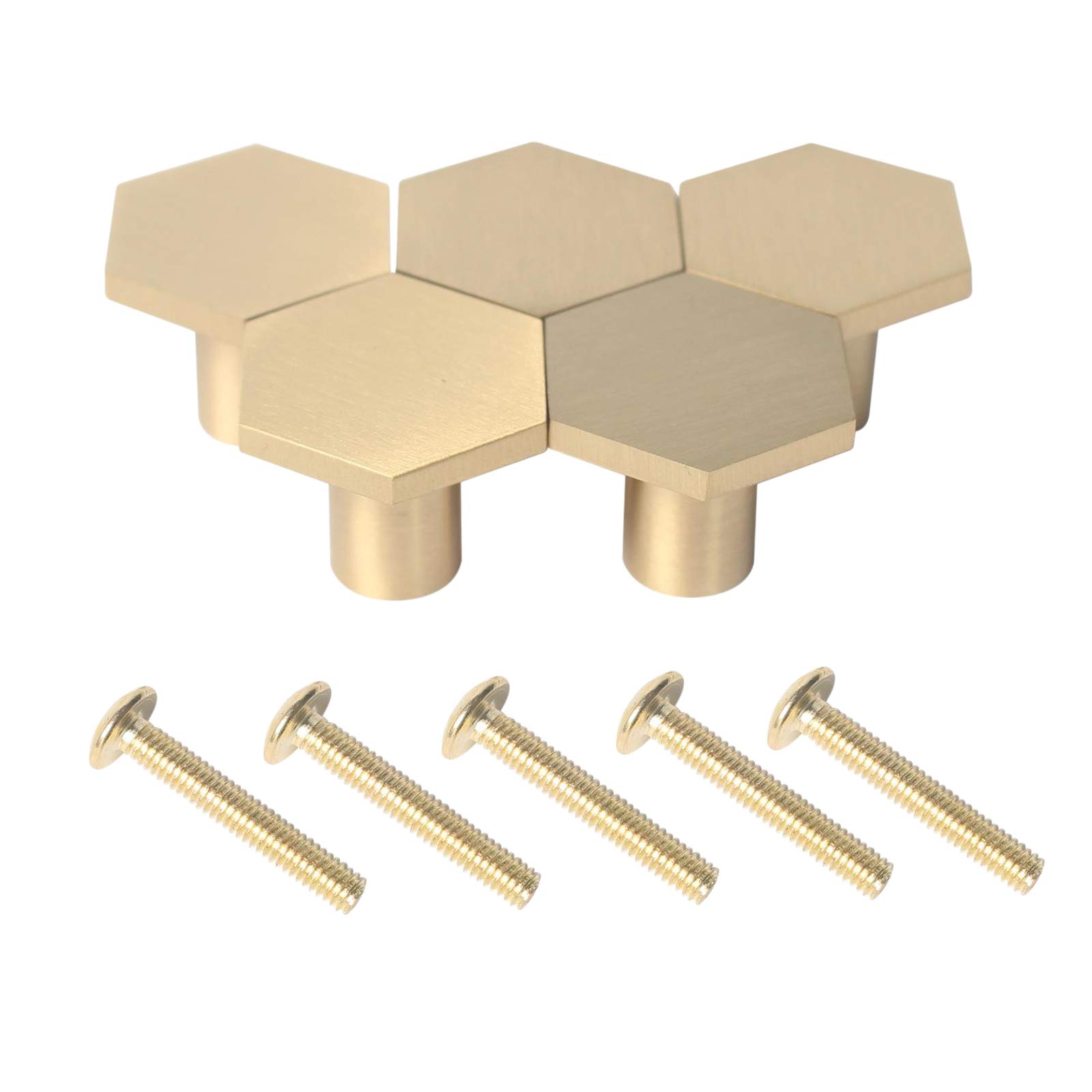 5 Pack Brass Hexagonal Cabinet Knobs - Gold Drawer Pulls for Kitchen & Dresser (22mm with Screws)