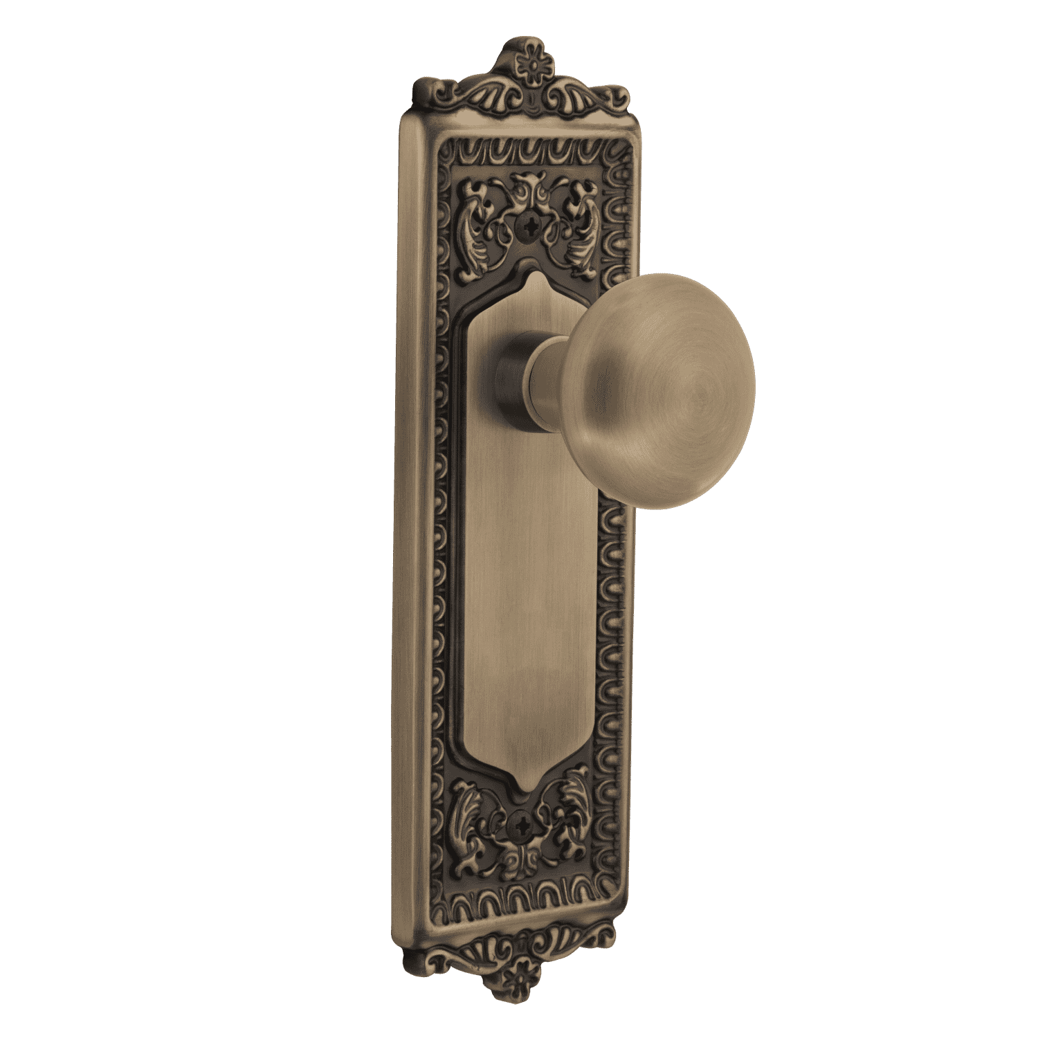 Antique Brass Egg & Dart Long Plate with New York Knob - Elegant Cabinet Hardware for Vintage Style Kitchens & Bathrooms