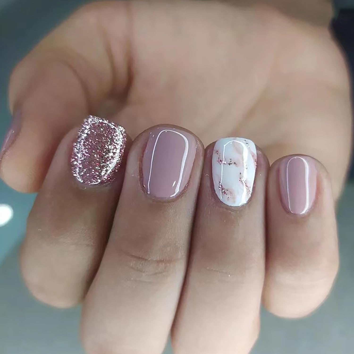 24 Pcs Short Press on Nails - Pink Lotus Root Glitter Marble Design, Square Acrylic Fake Nails with Glossy Finish, Reusable Glue on Nails for Women | Perfect for Parties, Weddings, and Everyday Wear