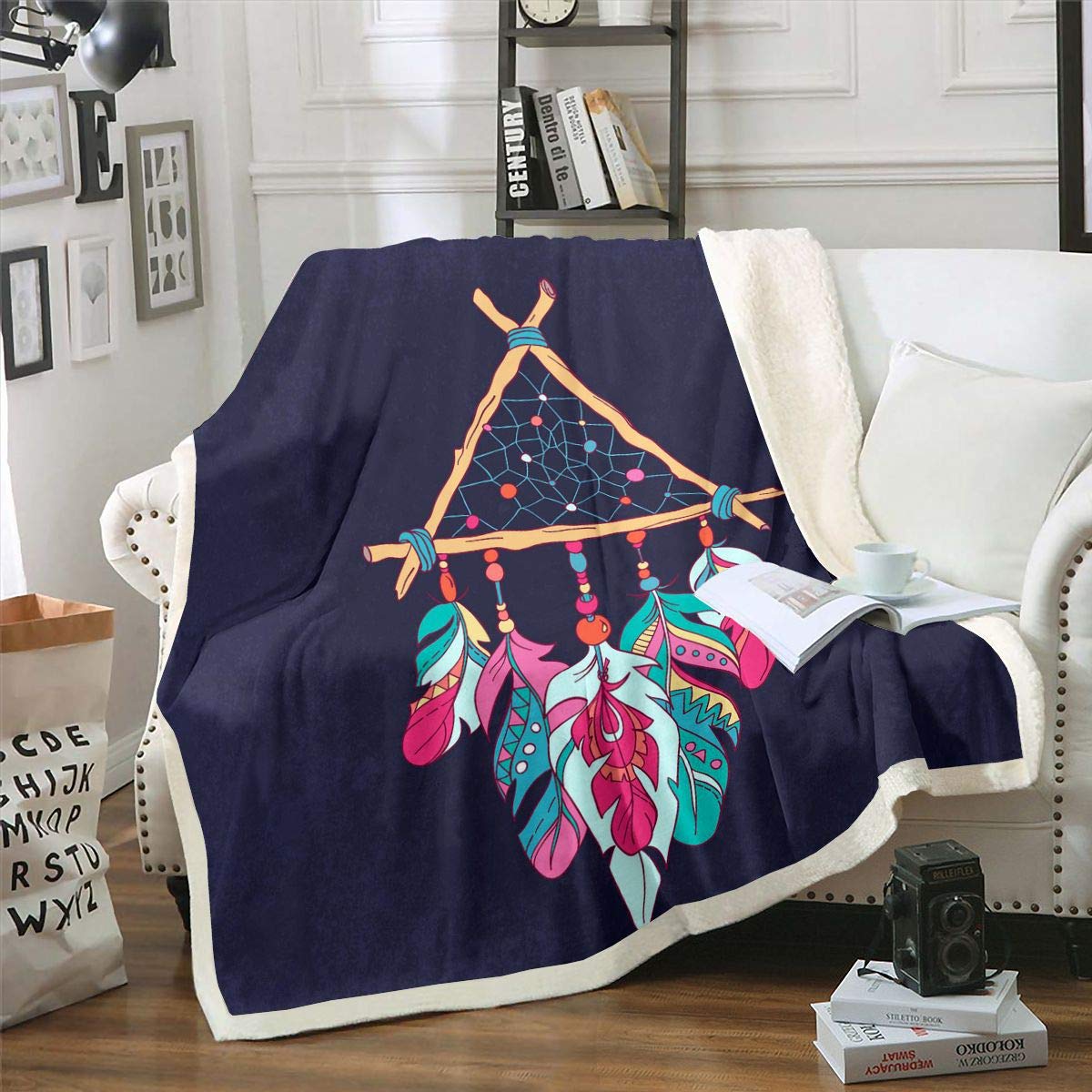Boho Dreamcatcher Fleece Throw Blanket - 30x40 Inch Plush Sherpa Blanket with Feather & Tribal Design for Sofa, Couch, Bed - Cozy Decorative Blanket for Home, Nursery, Gift Giving & Winter Warmth