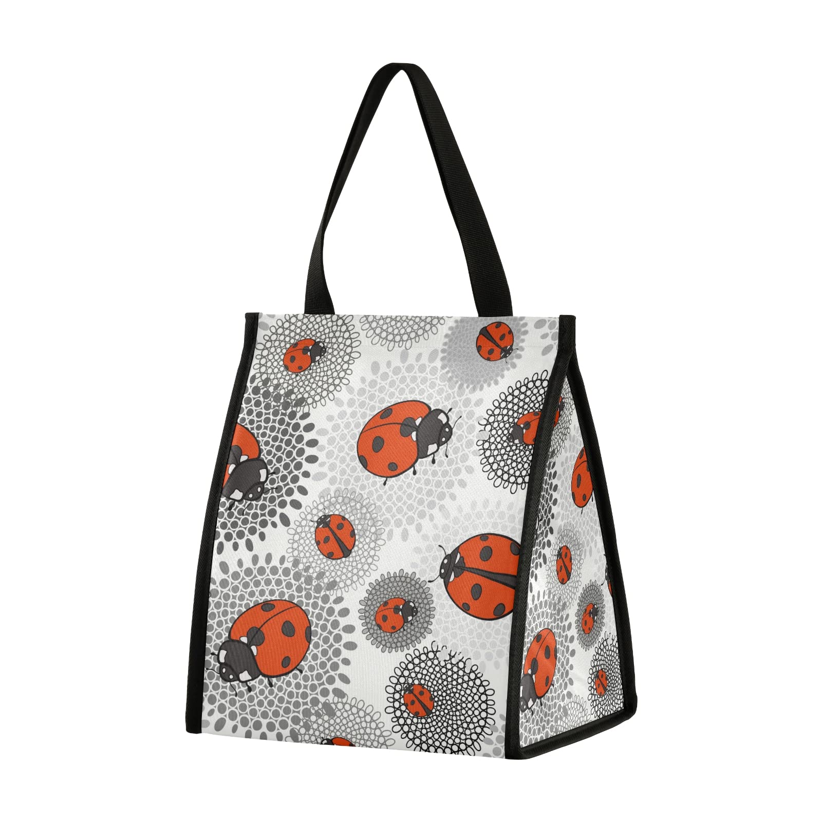 Insulated Waterproof Lunch Bag for Women & Men - Ladybugs Monochrome Floral Design Lunch Box for Adults & Kids - Perfect for School, Work, Office & Picnics
