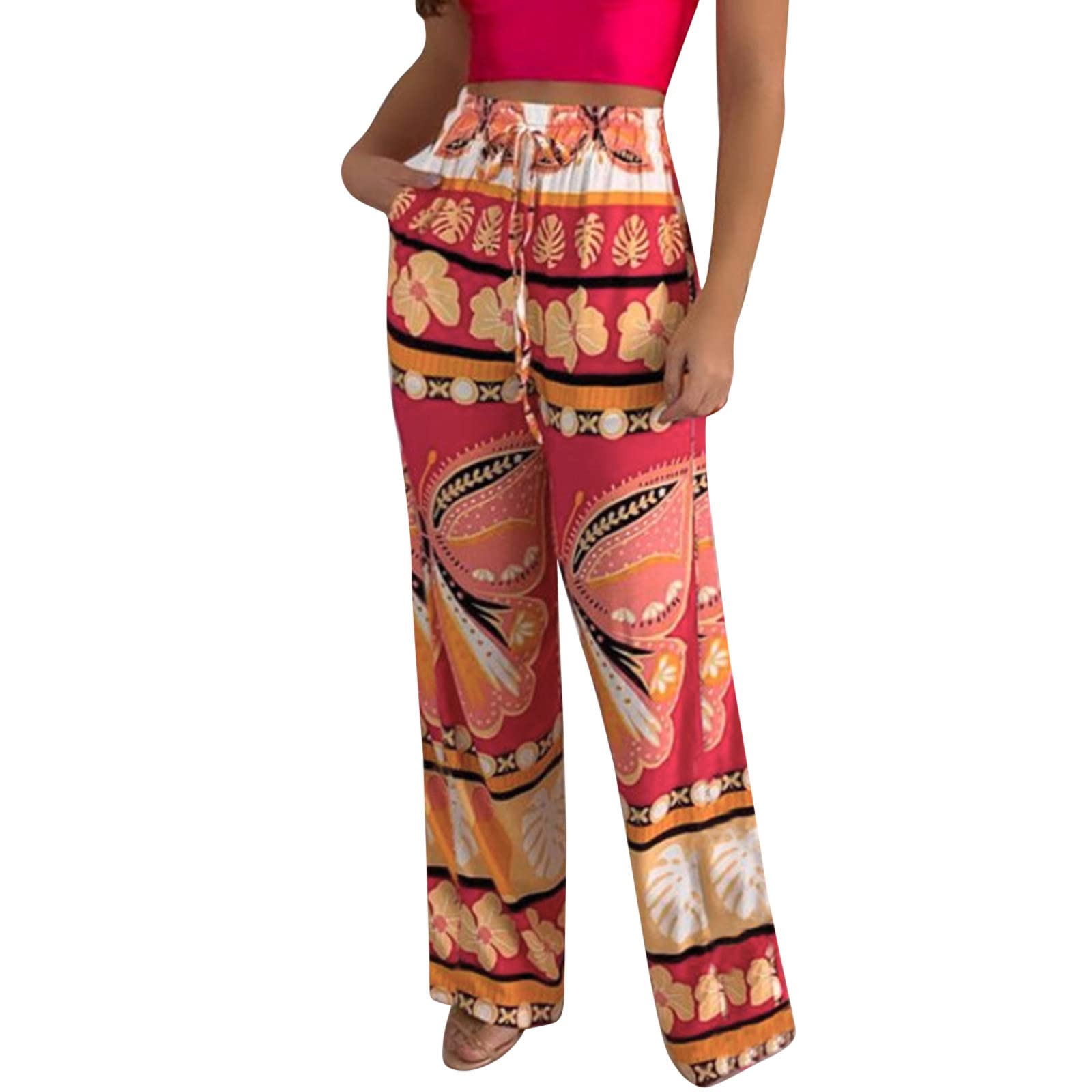 Women's High Waist Casual Pants - Loose Fit Straight Leg Printed Sport Pants with Pockets | Perfect for Yoga, Running, Travel & Everyday Wear