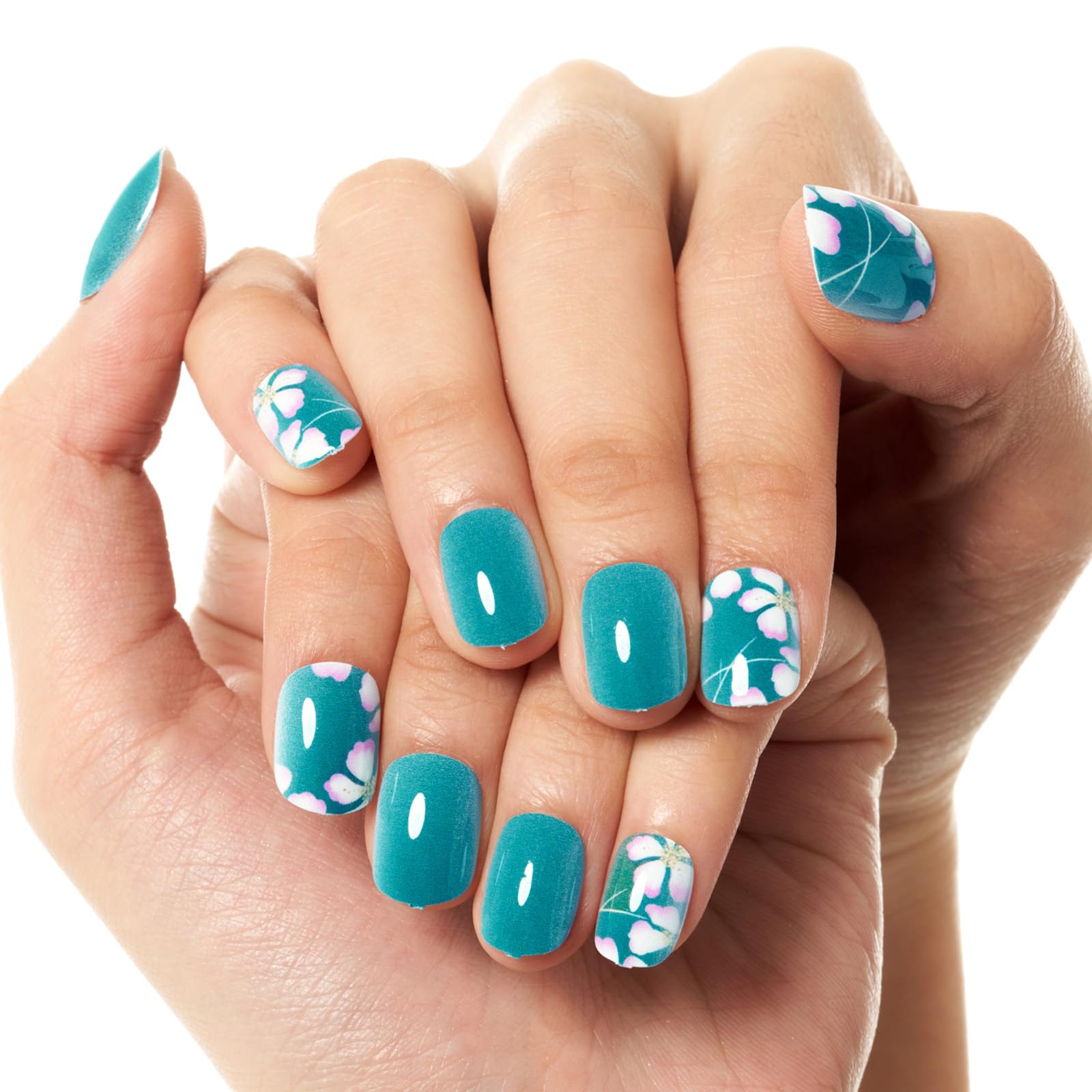 GLAMERMAID 24Pcs Short Squoval Press on Nails - Spring Peacock Blue Floral Design with Blossom Gel Glue | Reusable UV Glossy Acrylic Fake Nails for Women | Perfect for Parties, Weddings & Everyday Manicure