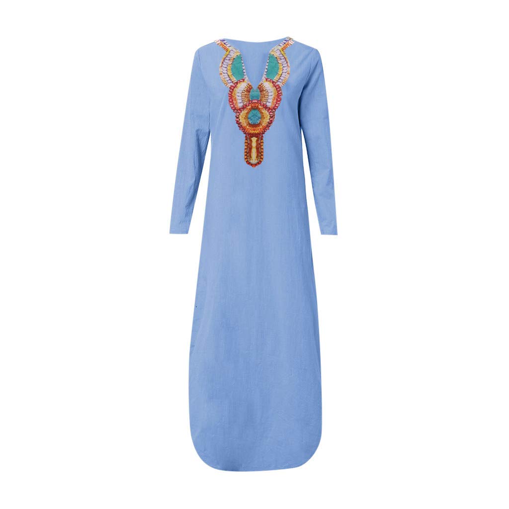 Women's Pink Printed Long Sleeve V-Neck Maxi Dress with Split Hem - Flowy Kaftan Style for Beach, Party & Casual Wear