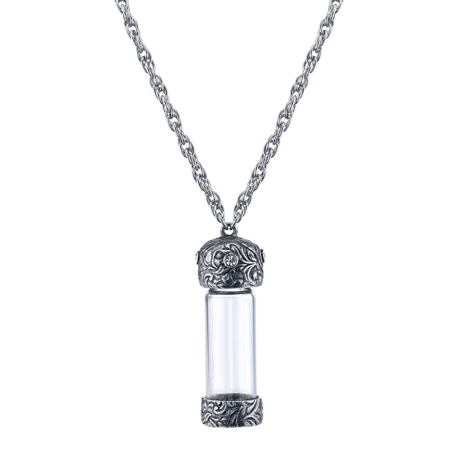 Antiqued Vine & Crystal Glass Vial Necklace - Vintage 1928 Jewelry with 30