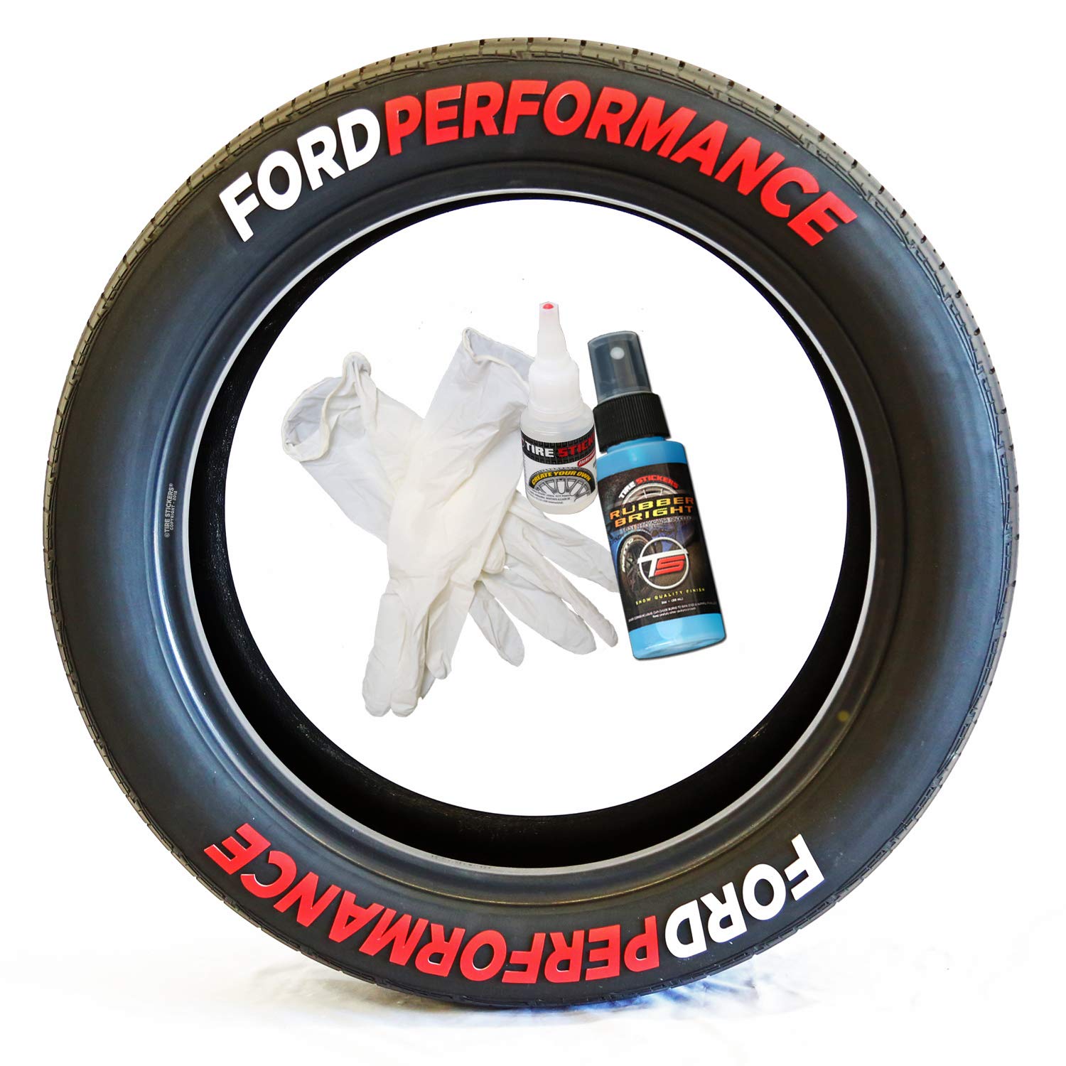 Ford Performance Permanent Tire Lettering Kit - DIY Rubber Tire Decals with Glue & 2oz Touch-Up Cleaner for 19-21 Inch Wheels (1.00 Inches, White/Red, 8 Pack) - Upgrade Your Car's Style for Racing, Off-Roading & Car Shows