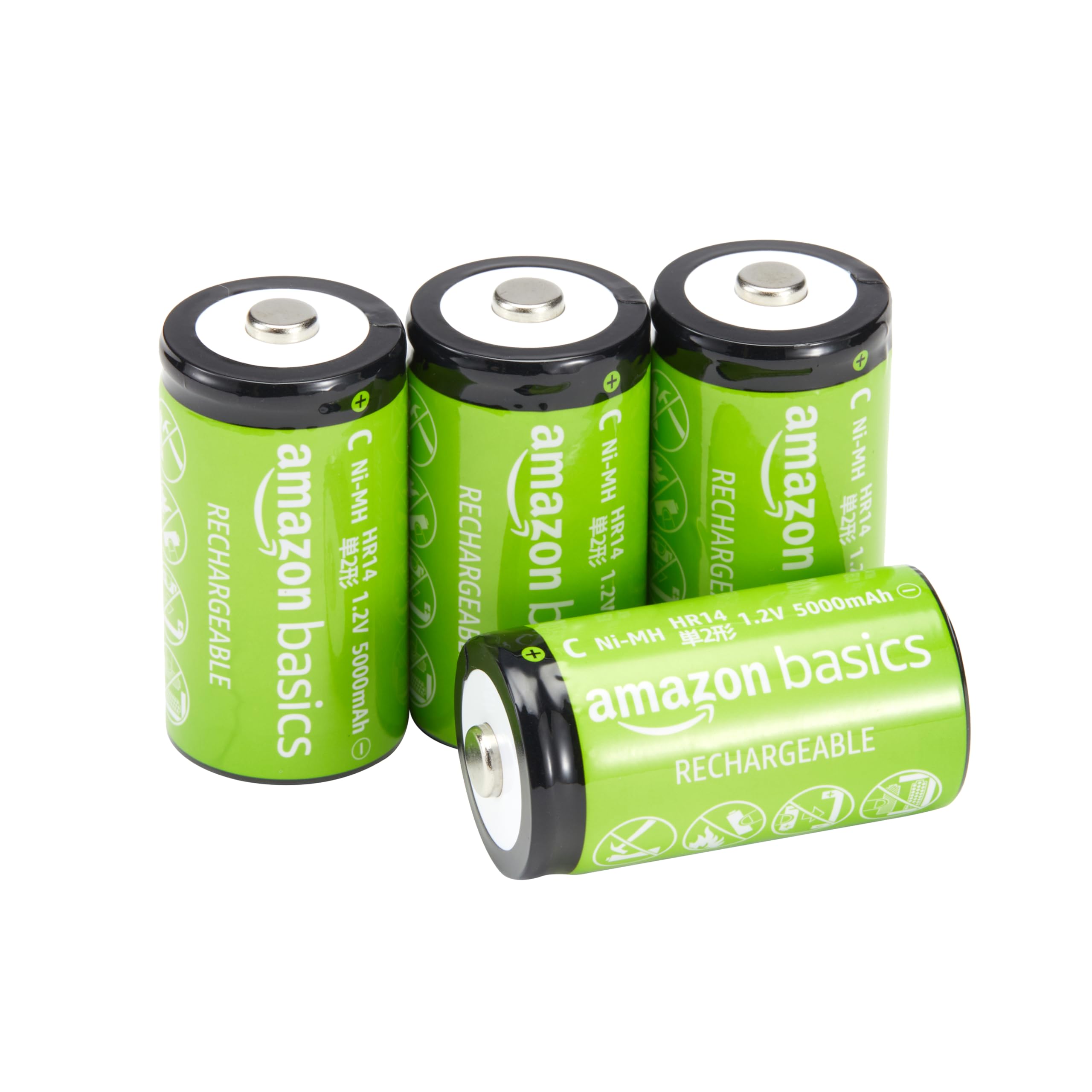 Amazon Basics Rechargeable C Cell Batteries 4-Pack - High Capacity 5000mAh NiMH Batteries with 1000x Recharge Cycles, Pre-Charged for Immediate Use - Perfect for Flashlights, Toys, Remote Controls & Emergency Devices