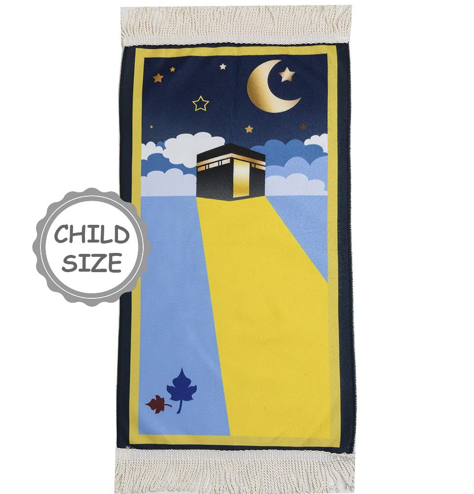 Kids Islamic Prayer Rug - Fun Digital Print with Kaba Dreams Blue Design | Perfect for Children's Salah & Home Prayer