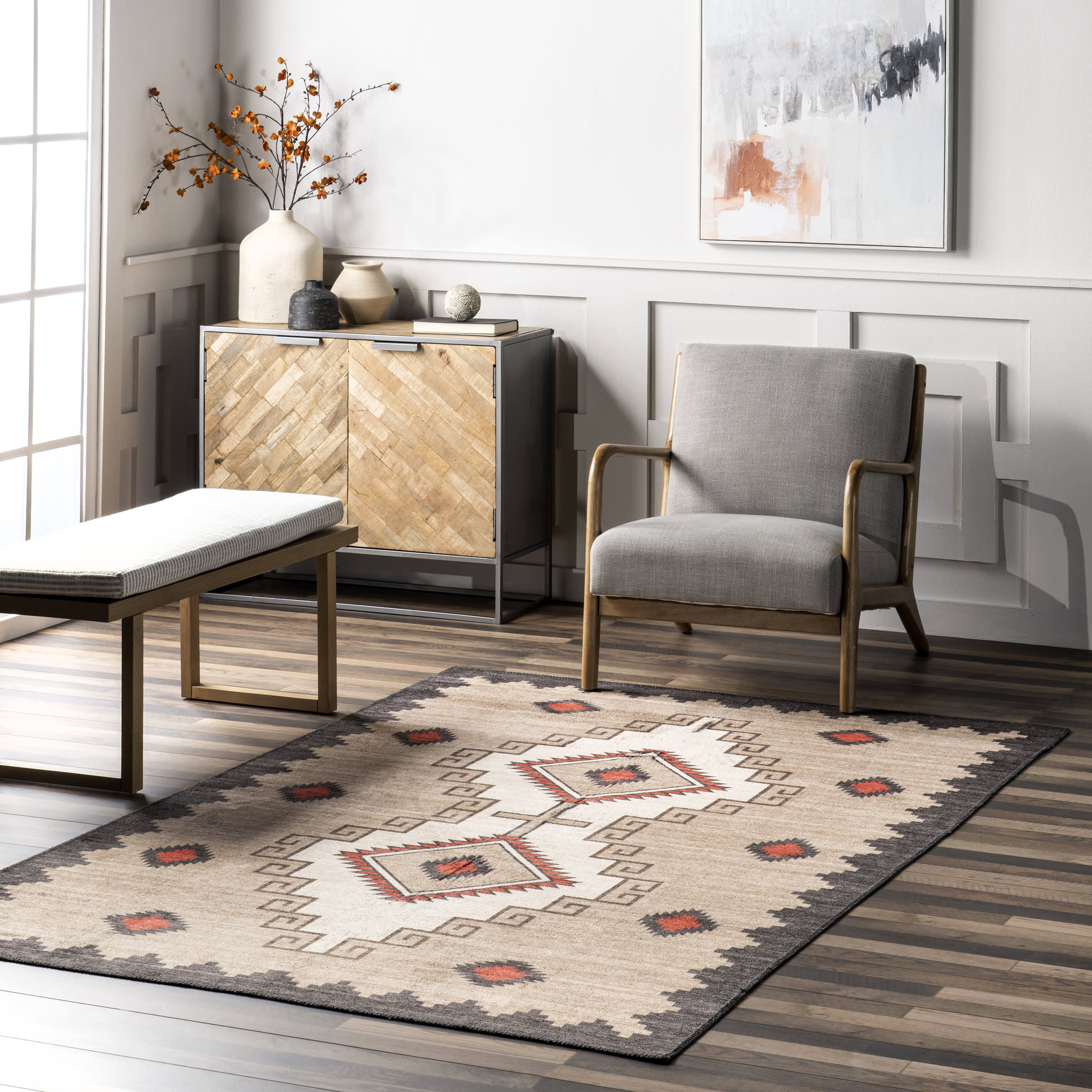 Ginny Washable Southwestern Rug - Brown | Boho Chic Area Rug for Living Room, Bedroom & Dorm Decor