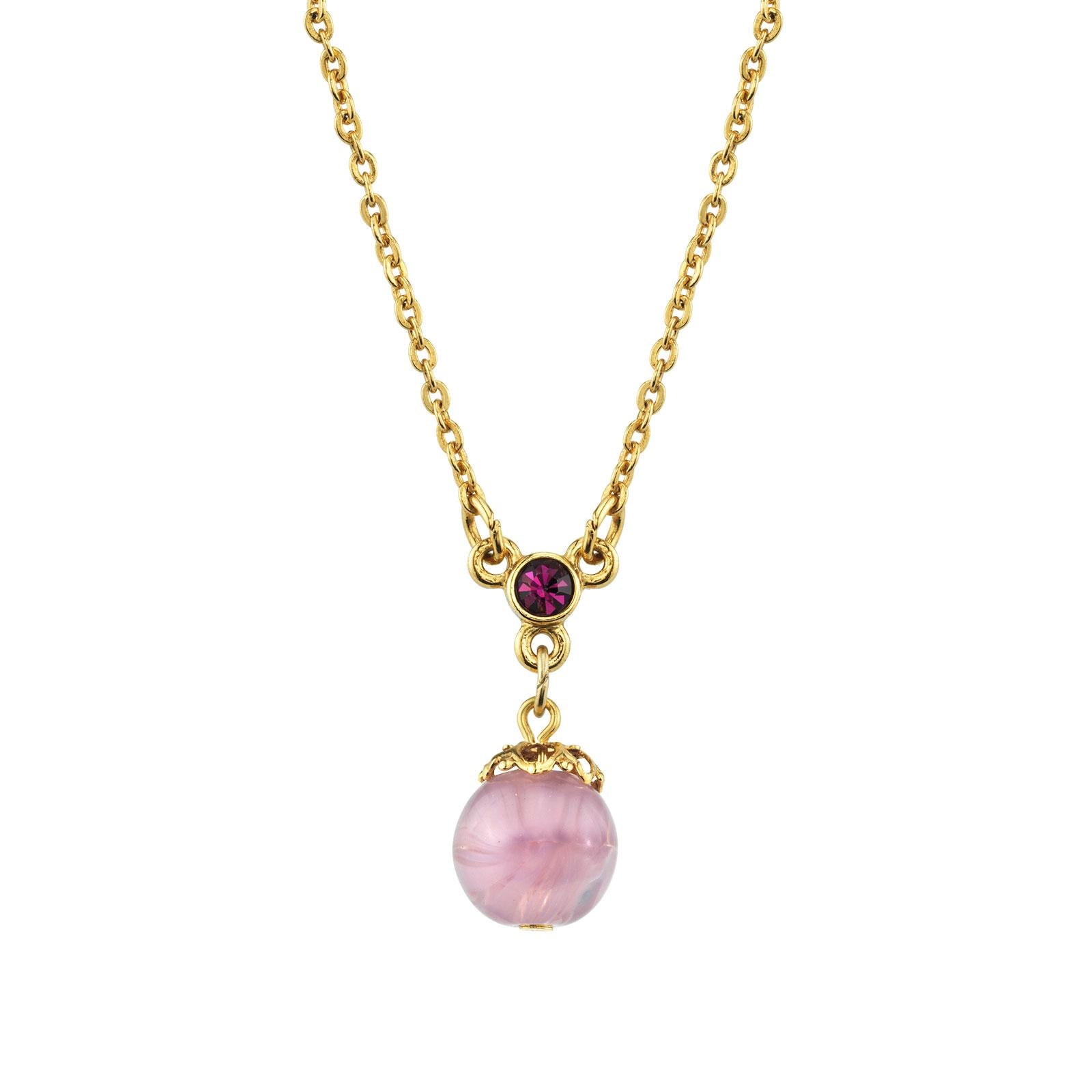 1928 Jewelry Light Amethyst Quartz Glass Round Bead Crystal Accent Drop Pendant Necklace - 16