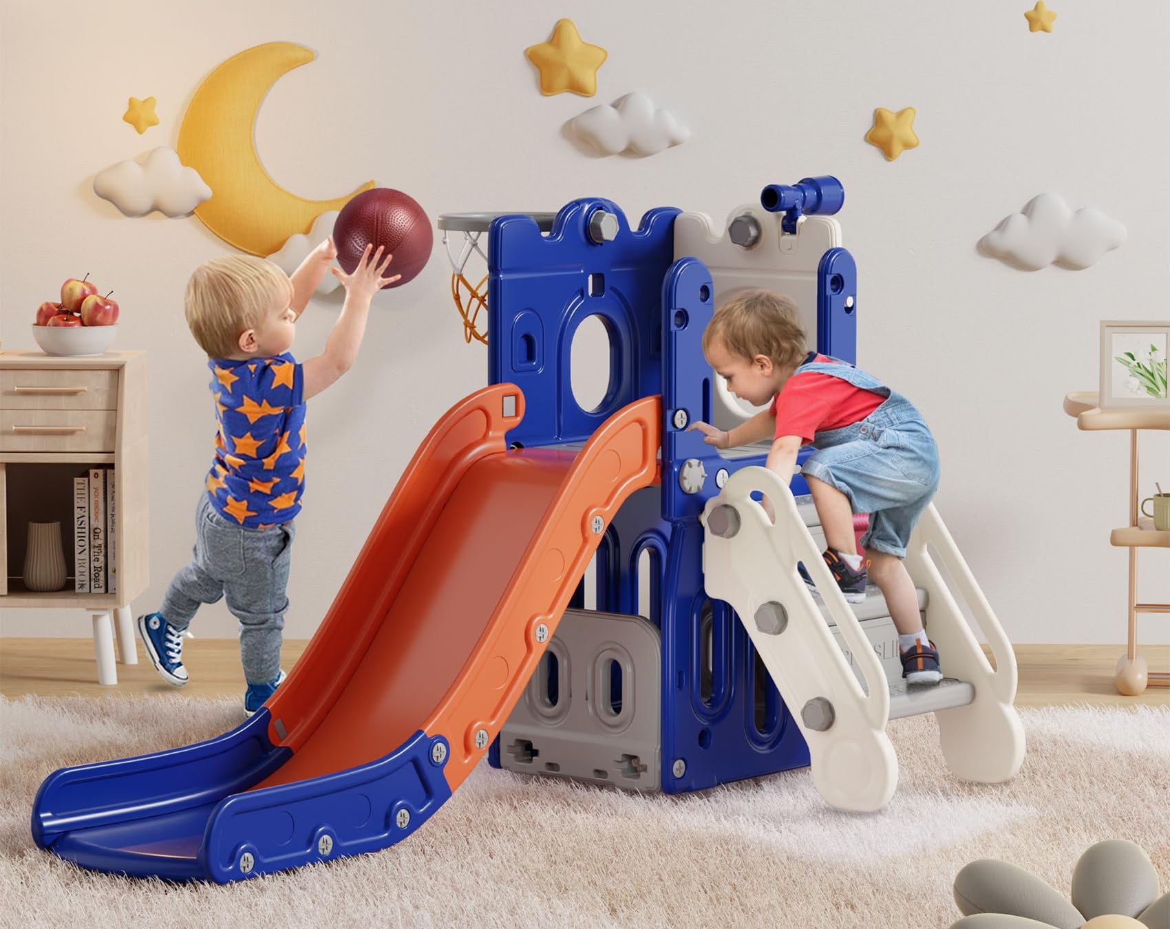 BIERUM 7-in-1 L-Shaped Toddler Slide Playset with Basketball Hoop, Ring Toss & Storage - Indoor/Outdoor Kids Slide for Ages 1+ (Blue & Orange) - Perfect for Backyards, Playrooms & Daycare Centers