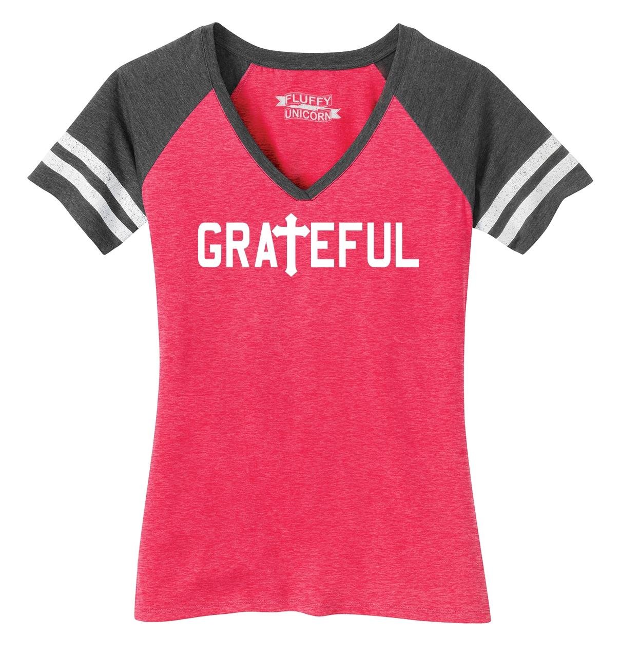 Funny Christian T-Shirt for Women - Grateful Religious V-Neck Tee with Cross & Jesus Design - Perfect for Church, Bible Study & Everyday Faith Inspiration