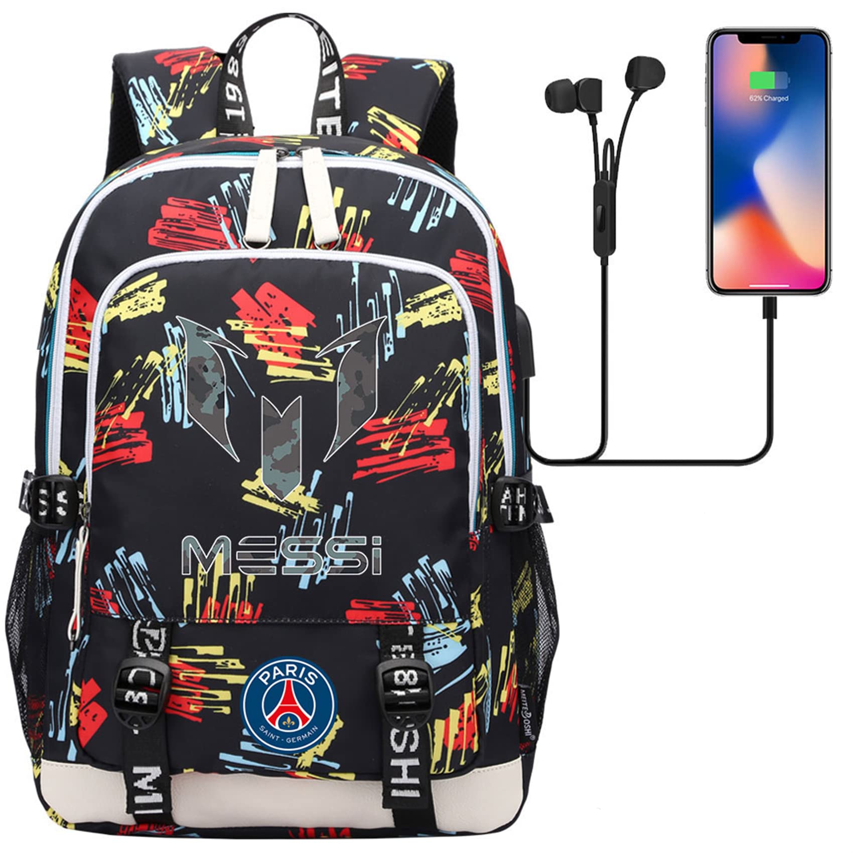 BanSel Teens Kids PSG School Backpack - Messi Travel Bag with USB Charging Port, Black, One Size - Perfect for School, Sports & Travel