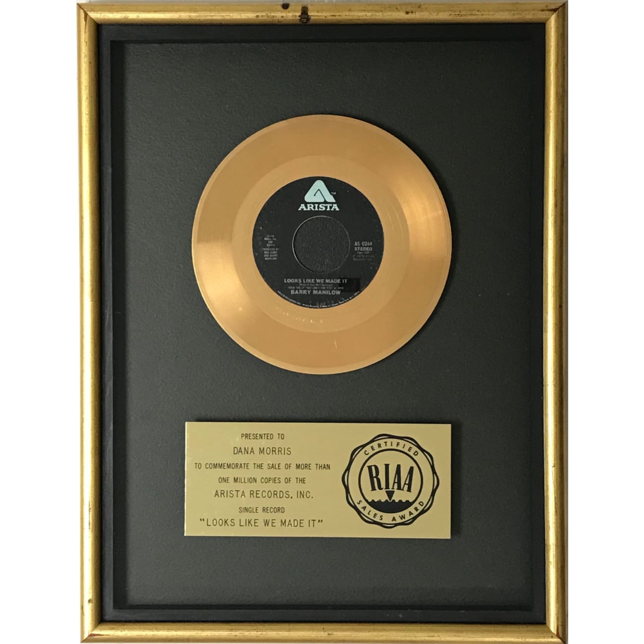 Barry Manilow 'Looks Like We Made It' RIAA Certified Gold Single Award - Perfect for Music Collectors & Manilow Fans Display