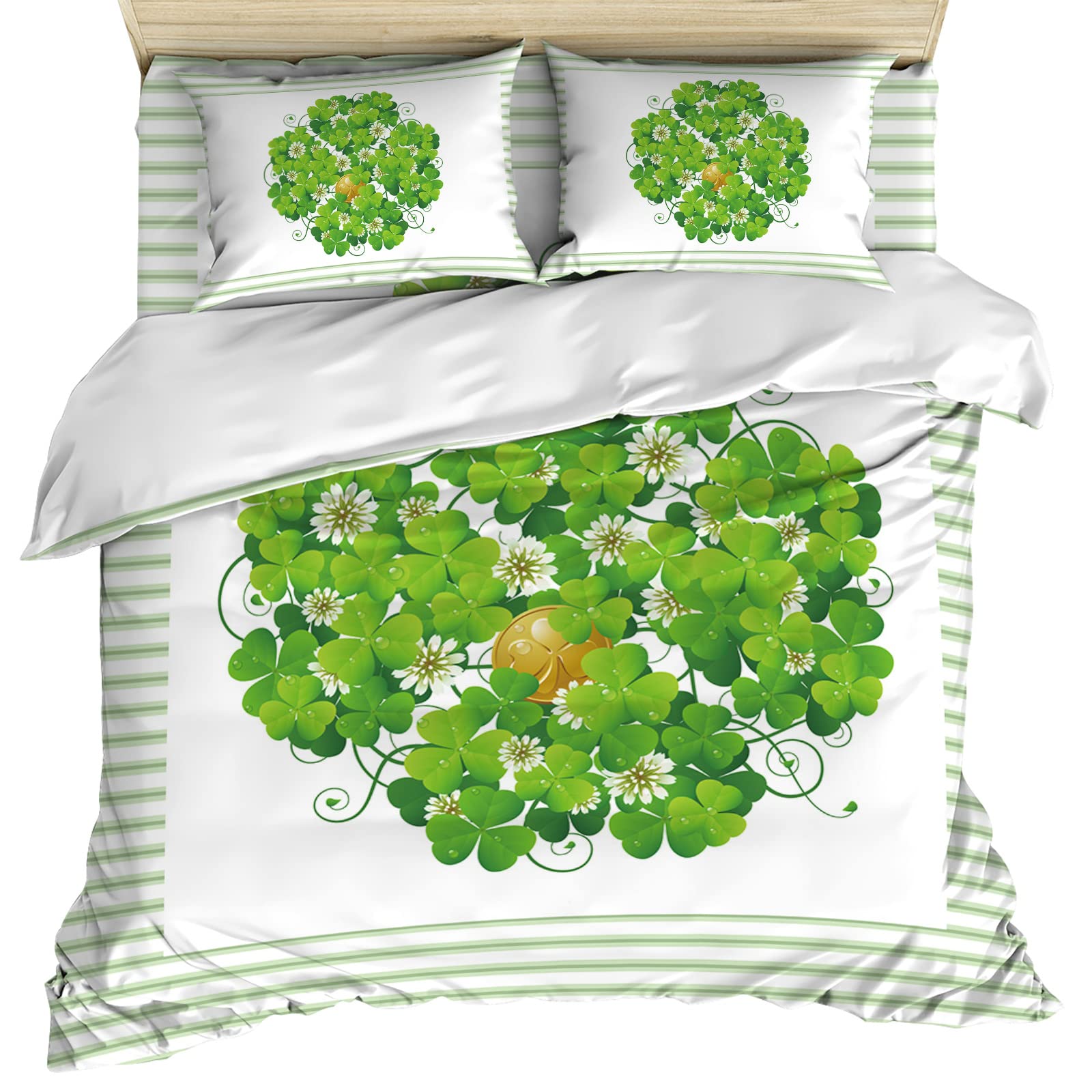 St. Patrick's Day 4-Piece Bedding Set - Green Stripes & Clover Print Comforter Cover, Sheets, 2 Pillowcases | All-Season Warmth for Full Size Bed | Perfect for Holiday Decor, Irish-Themed Bedrooms & Cozy Seasonal Stays