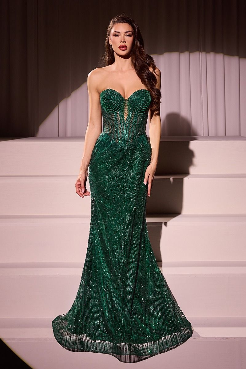 Maddox Emerald Green Strapless Glitter Embellished Evening Gown - Perfect for Prom, Homecoming, and Formal Events
